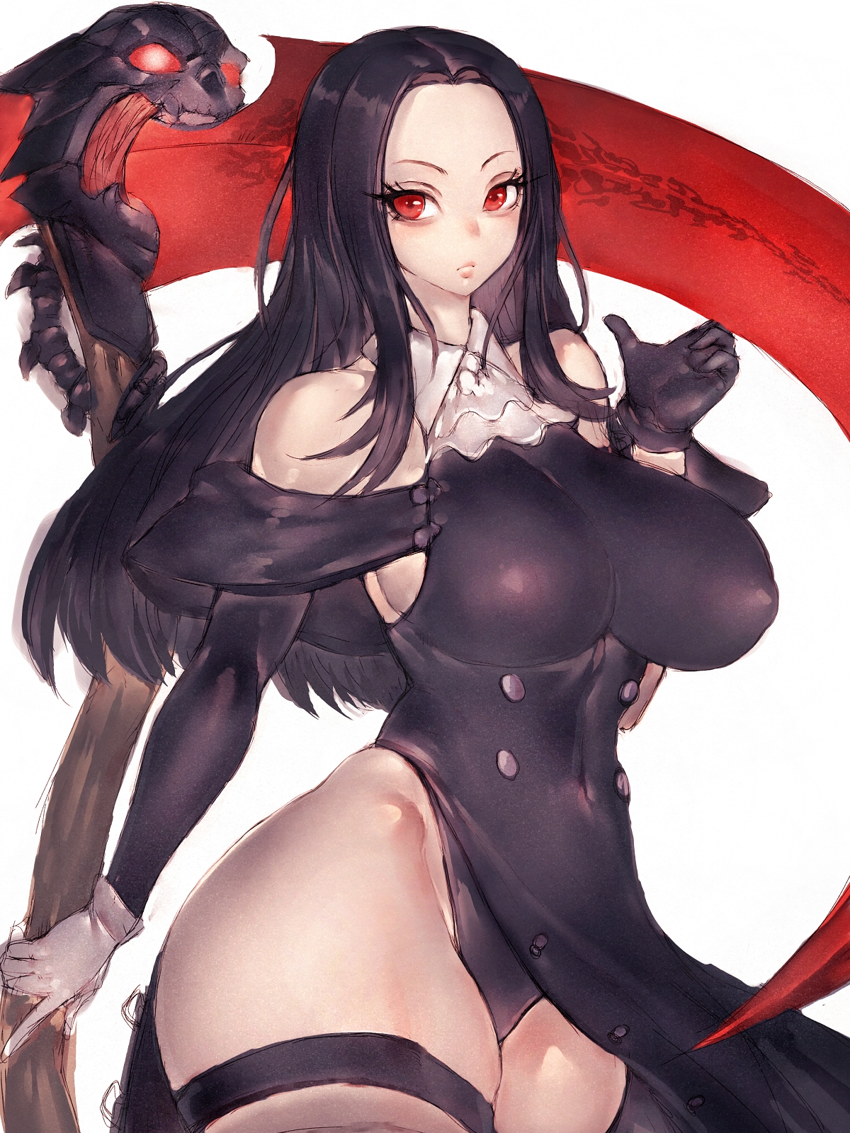 1girls, big breasts, black hair, breasts, eye contact, female, female focus, female only, fumio (rsqkr), genderswap, genderswap (mtf), guilty gear, huge breasts, long hair, looking at viewer, nipple bulge, red eyes, rule 63, solo, standing, testament (guilty gear), thick thighs, voluptuous, wide hips