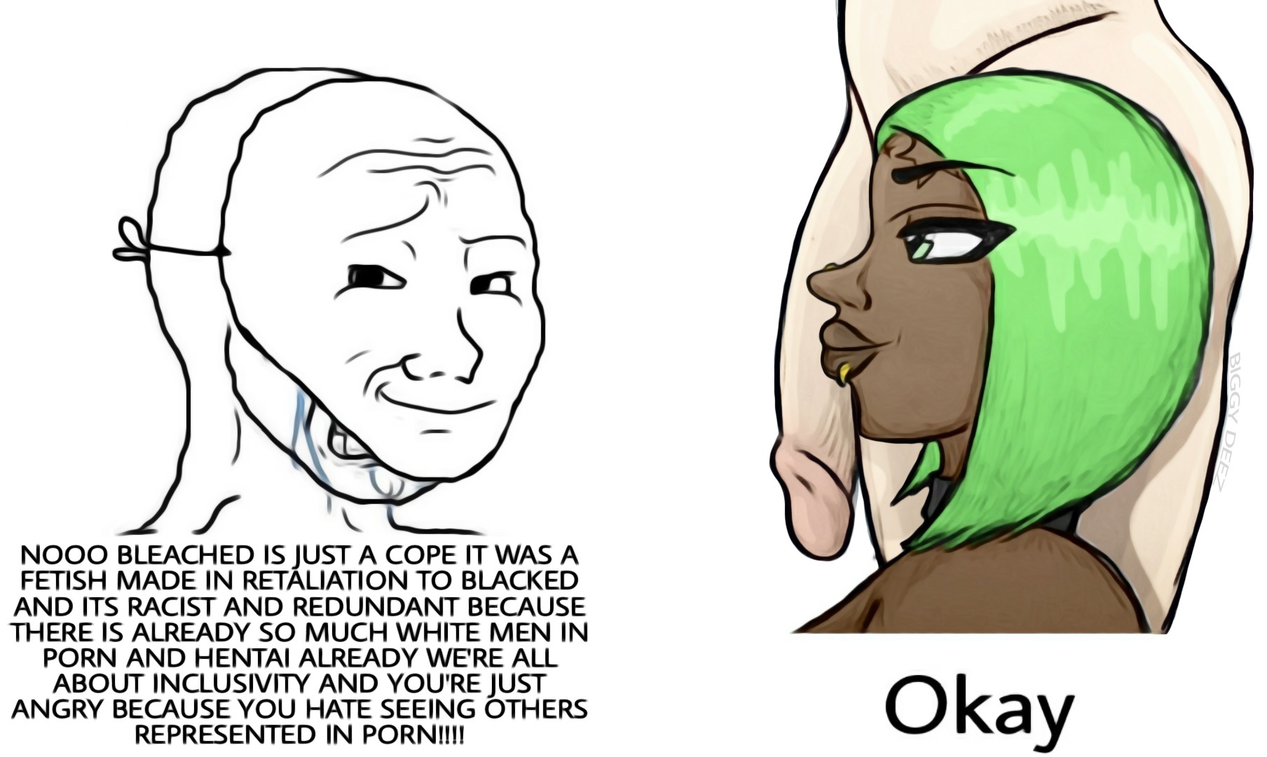 1girls, 2boys, biggy deez, crying, dark skin, dark-skinned female, deez (biggy deez), english text, faceless male, female, flaccid, green eyes, green hair, humiliation, light skin, light-skinned male, male, meme, original, penis, raceplay, short hair, simple background, smile, tears, text, uncensored, white background, wojak, wojak comics