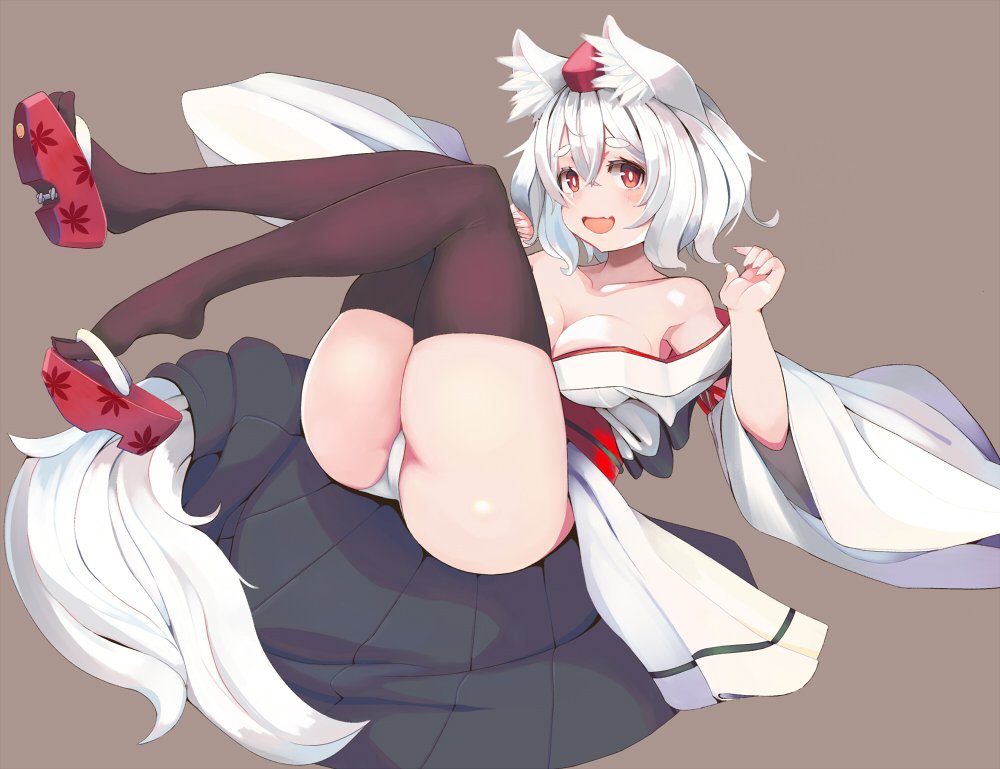 1_mutsuki :d animal_ears bangs bare_shoulders breasts brown_background brown_legwear cleavage female flip-flops full_body japanese_clothes kimono long_sleeves looking_at_viewer momiji_inubashiri okobo open_mouth panties red_eyes sandals short_hair simple_background smile solo tail thighhighs touhou underwear white_hair white_kimono white_panties wolf_ears wolf_girl wolf_tail