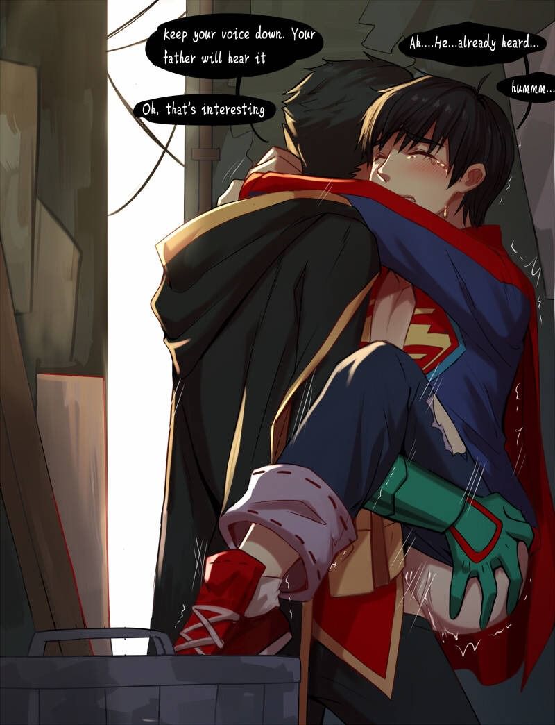 2boys anal anal_juice black_cape cape chain247 crying damian_wayne dc dc_comics gay green_gloves human jeans jon-el jonathan_kent kryptonian male male_only pinned_to_wall red_cape red_sneakers ripped_jeans robin_(damian_wayne) robin_(dc) sneakers superboy superboy_(jonathan_kent) superhero supersons talking tears yaoi