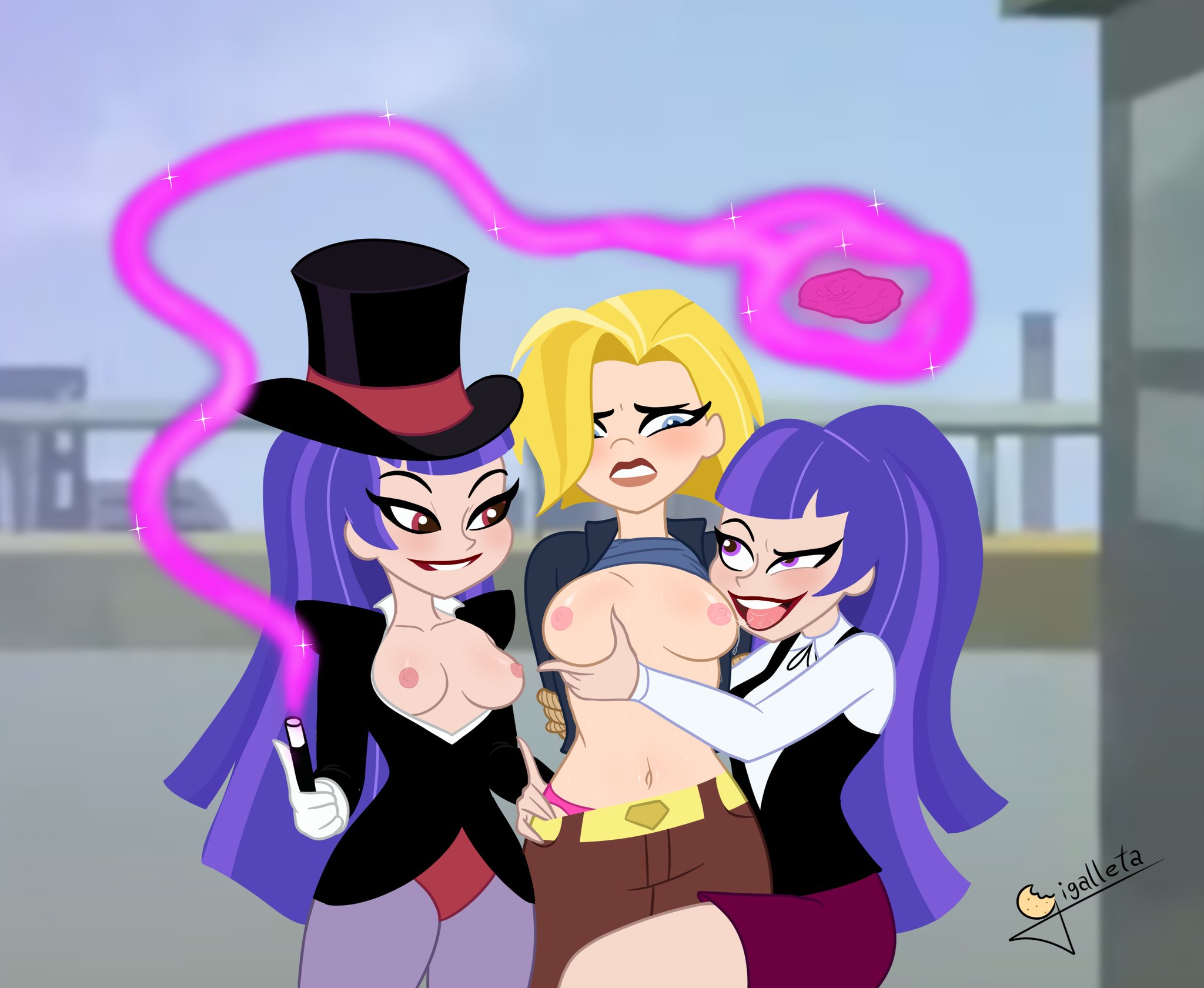 3girls, blush, breast sucking, breasts, clone, dc, dc comics, dc super hero girls, dubious consent, female, female only, gigalleta, kara danvers, kara zor-el, kryptonite, light skin, light-skinned female, multiple females, multiple girls, pink kryptonite, straight to gay, superman (series), yuri, zee zatara