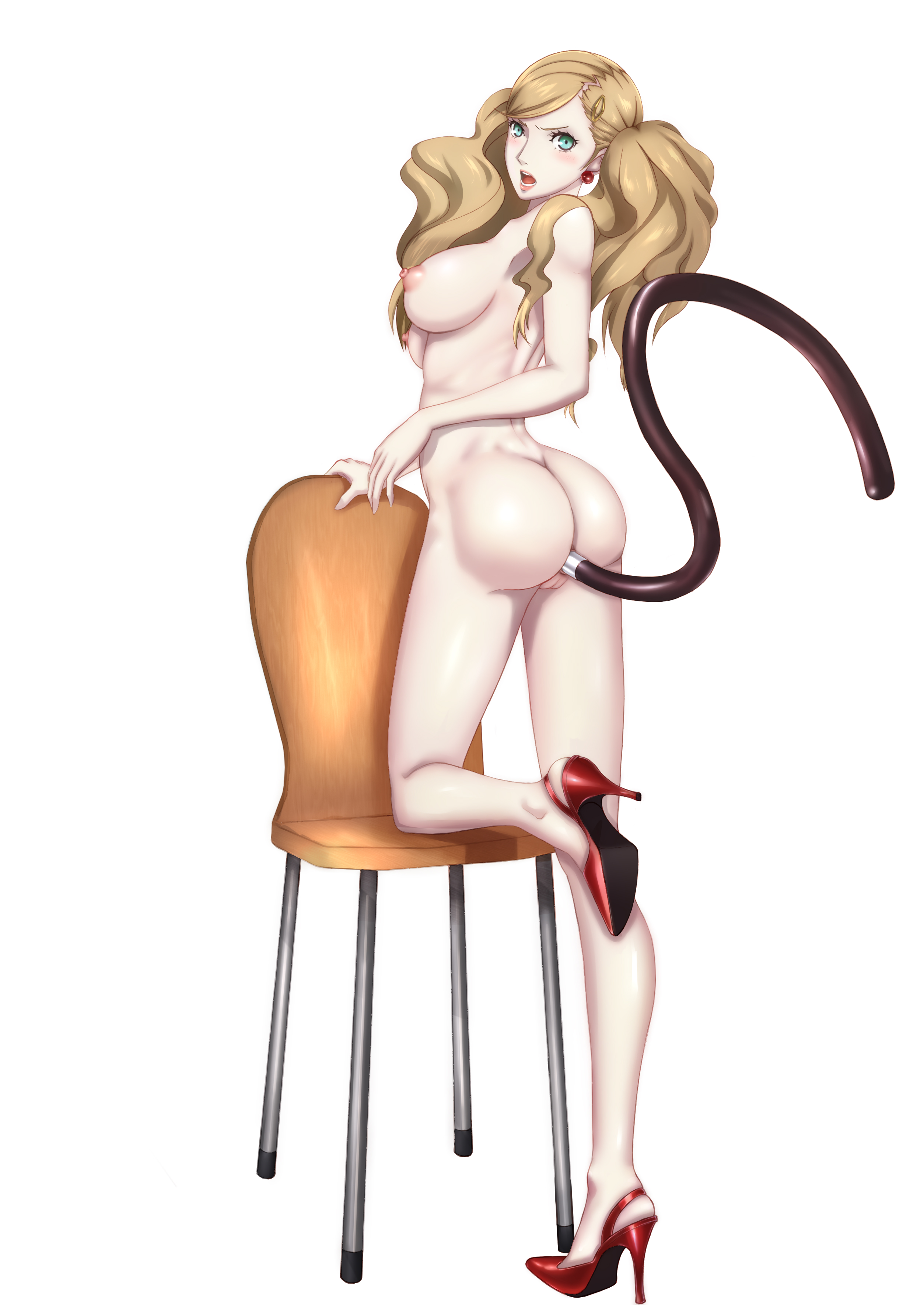 1girls, absurdres, anal, anal insertion, anal object insertion, anal plug, anal tail, ann takamaki, aqua eyes, ass, atlus, blonde hair, blue eyes, blush, breasts, buttplug, buttplug tail, cat ears, cat tail, chair, chariotlee, cleft of venus, dildo, female, female only, femsub, full body, hair ornament, hairclip, high heels, high heels only, highres, light skin, light-skinned female, long hair, looking at viewer, looking back, medium breasts, naked footwear, naked heels, nipples, no socks, persona, persona 5, pussy, red heels, red high heels, simple background, solo, solo female, standing, standing on one leg, stiletto heels, stockings, tagme, tail, thighhighs, twintails, twisted torso, uncensored, white background