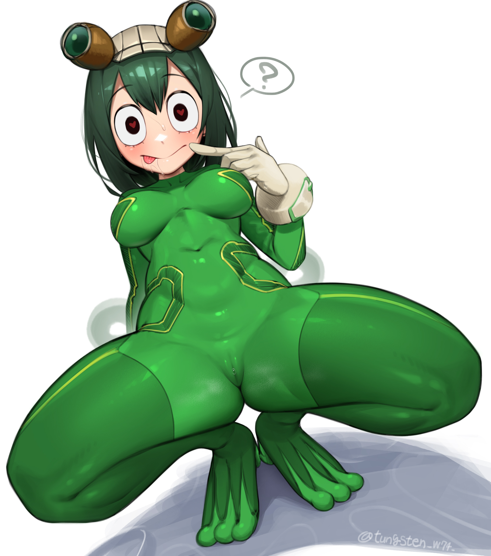 ?, 1girls, bodysuit, breasts, cameltoe, eye contact, female, green hair, heart-shaped pupils, hero outfit (mha), long hair, looking at viewer, my hero academia, pussy, skin tight, skindentation, solo, thick thighs, thighs, tsuyu asui, tungsten (kwfr4544), white background