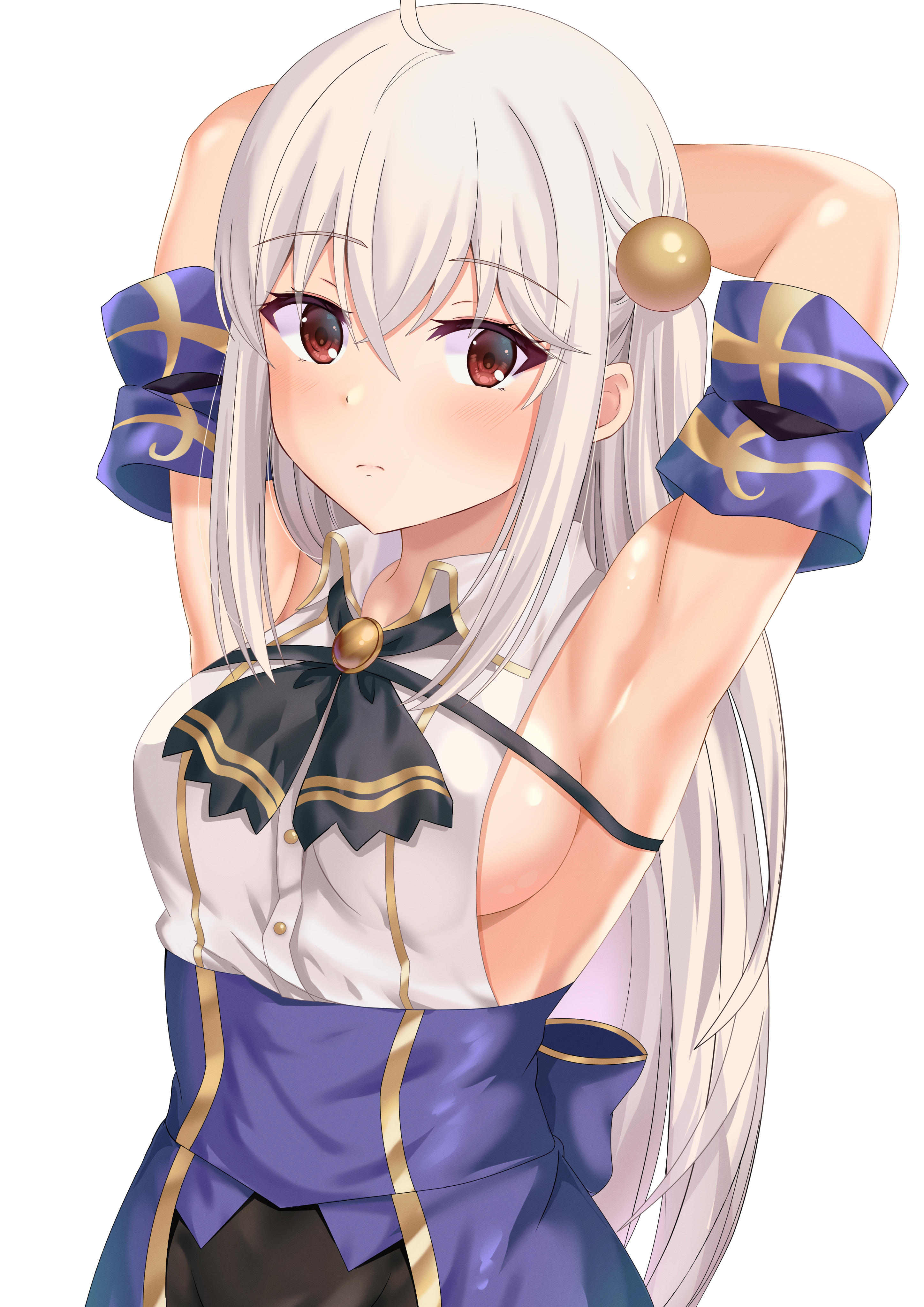 1girls, armpits, arms behind head, breasts, dress, female, female only, light skin, light-skinned female, long hair, medium breasts, ninym ralei, no bra, pose, posing, red eyes, sensual, sideboob, solo, tensai ouji no akaji kokka saiseijutsu, white hair