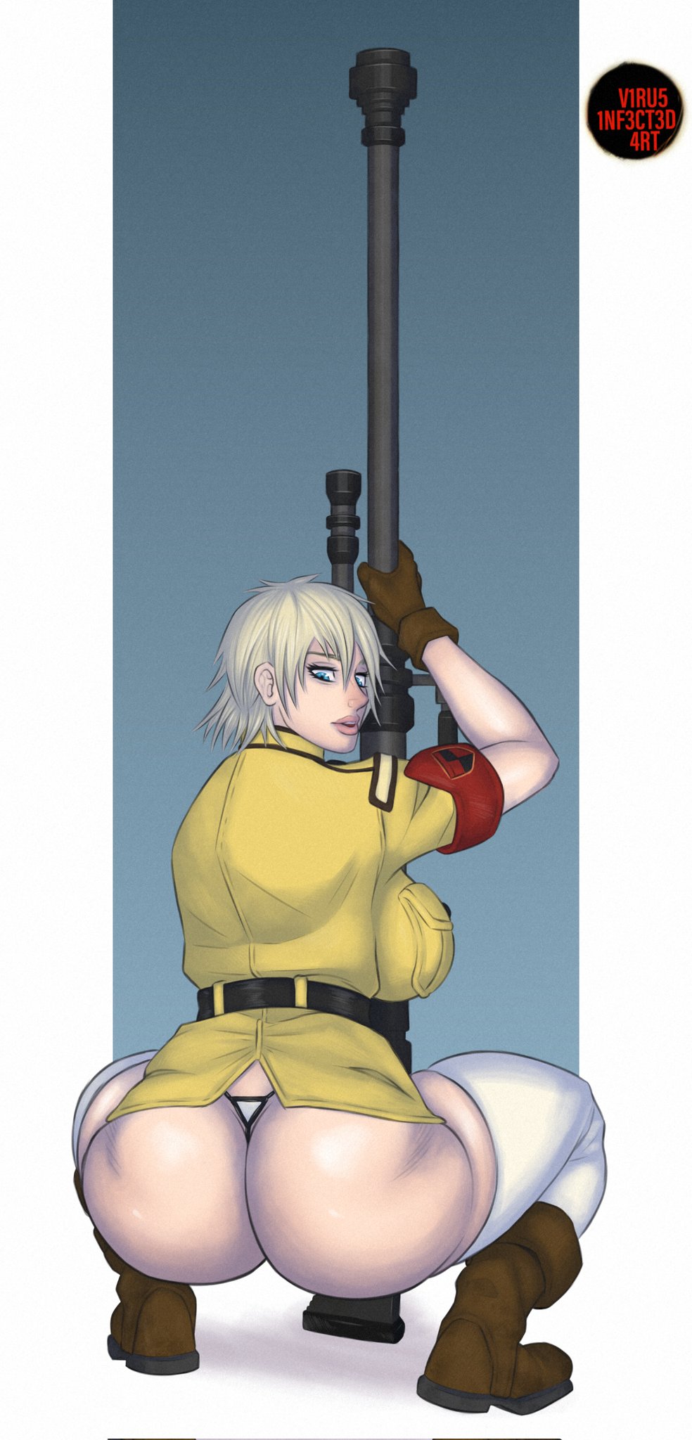 1girls, 2022, ass, big breasts, blonde hair, blue eyes, boots, breasts, bubble ass, bubble butt, busty, female, female focus, female only, firearm, full body, g-string, gloves, hellsing, huge breasts, looking at viewer, looking back, pinup, pinup pose, pose, posing, rear view, sensual, seras victoria, short hair, sideboob, solo, squatting, thighhighs, uniform, vampire, virus infected art, weapon, wide hips