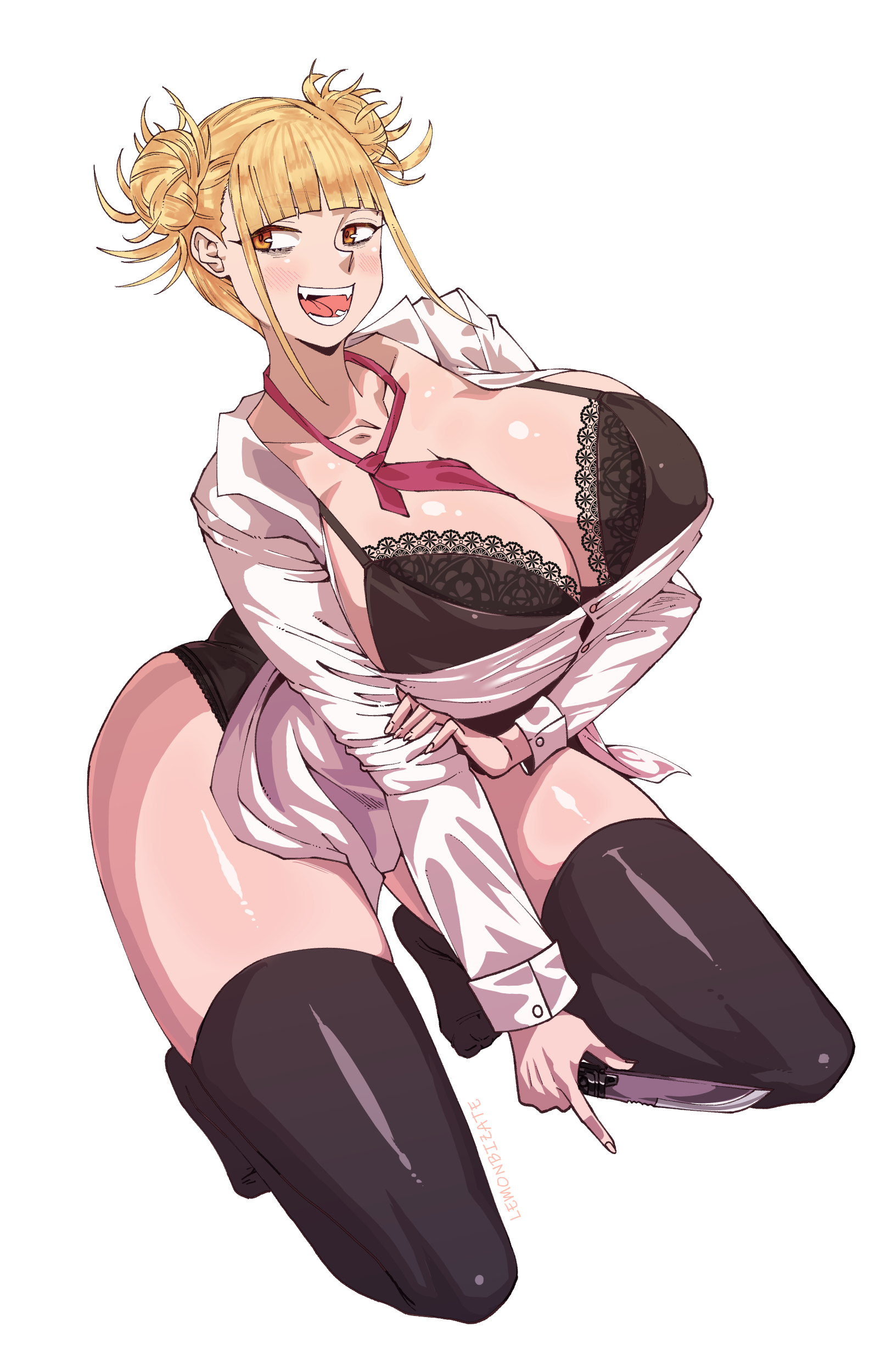 1girls, big breasts, blonde hair, bra, breasts, double bun, female, female focus, female only, fully clothed, himiko toga, huge breasts, legwear, lemonbizate (artist), my hero academia, solo, thick thighs, thighhighs, thighs, yellow eyes