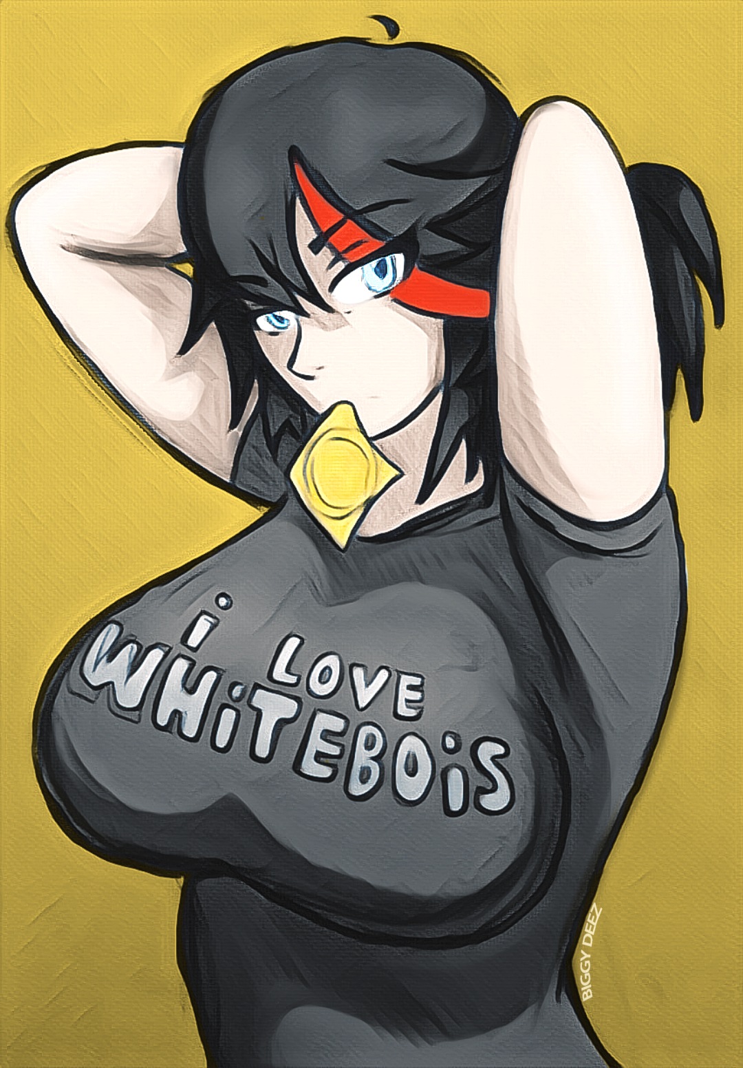 1girls, big breasts, biggy deez, black hair, blue eyes, breasts, condom, english text, female, female focus, female only, hi res, kill la kill, looking at viewer, matoi ryuuko, medium hair, ponytail, pose, purple background, raceplay, simple background, solo, text, watermark