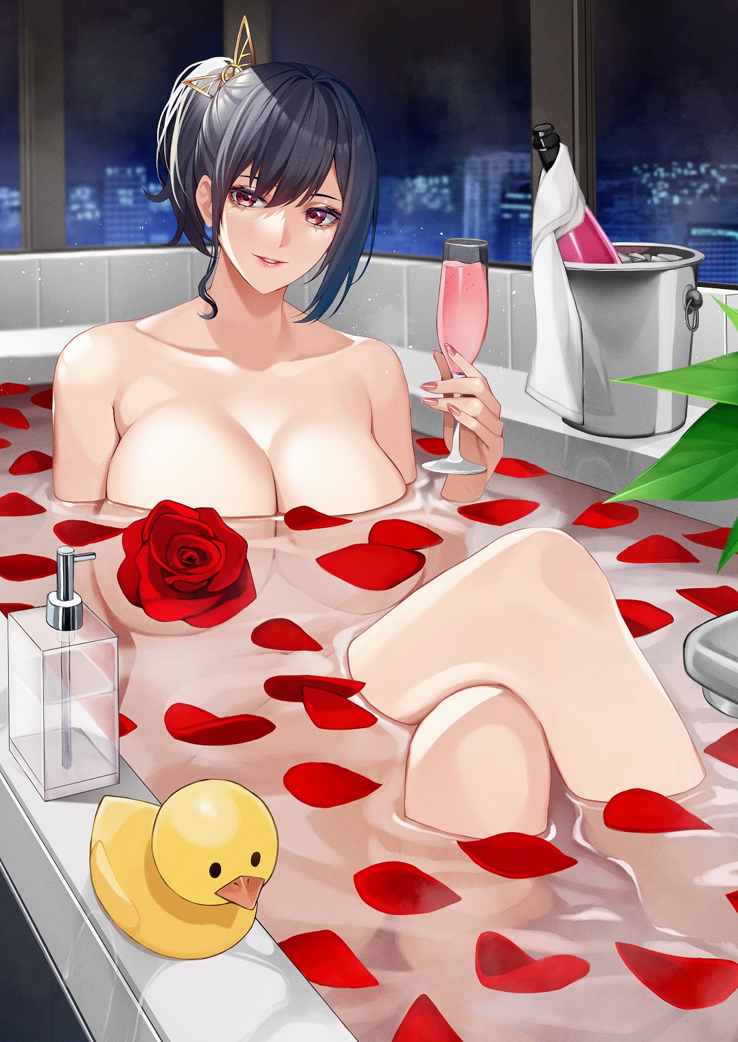 1girls, alcohol, bath, bathing, bathroom, bathtub, big breasts, black hair, breasts, brown eyes, cleavage, completely nude, convenient censoring, crossed legs, detailed background, eyelashes, eyeliner, eyeshadow, female, female only, hair ornament, hi res, huge breasts, lipstick, long hair, looking at viewer, makeup, nail polish, nude, original, petals, rose (flower), rose petals, smile, solo, takoneru, tied hair, water, wet, window, wine, wine bottle, wine glass