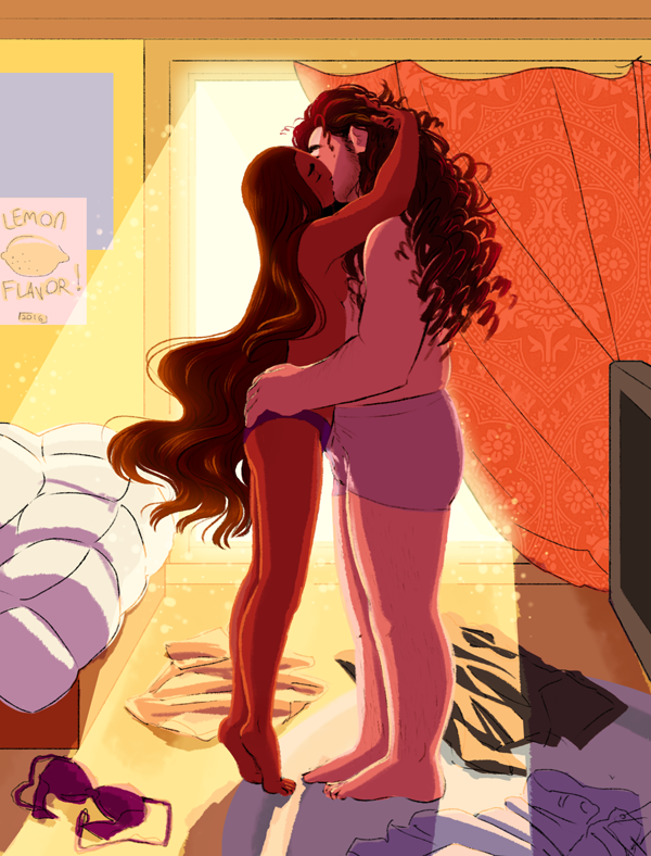 1boy 1girls aged_up barefoot bedroom boxers canon_couple cartoon_network clothes_on_floor connie_maheswaran feet grabbing_head heels hugging kissing lemon_flavor long_hair makeout medium_breasts no_bra nude nude_female older signature small_breasts steven_quartz_universe steven_universe straight_hair toes topless_female underwear wholesome