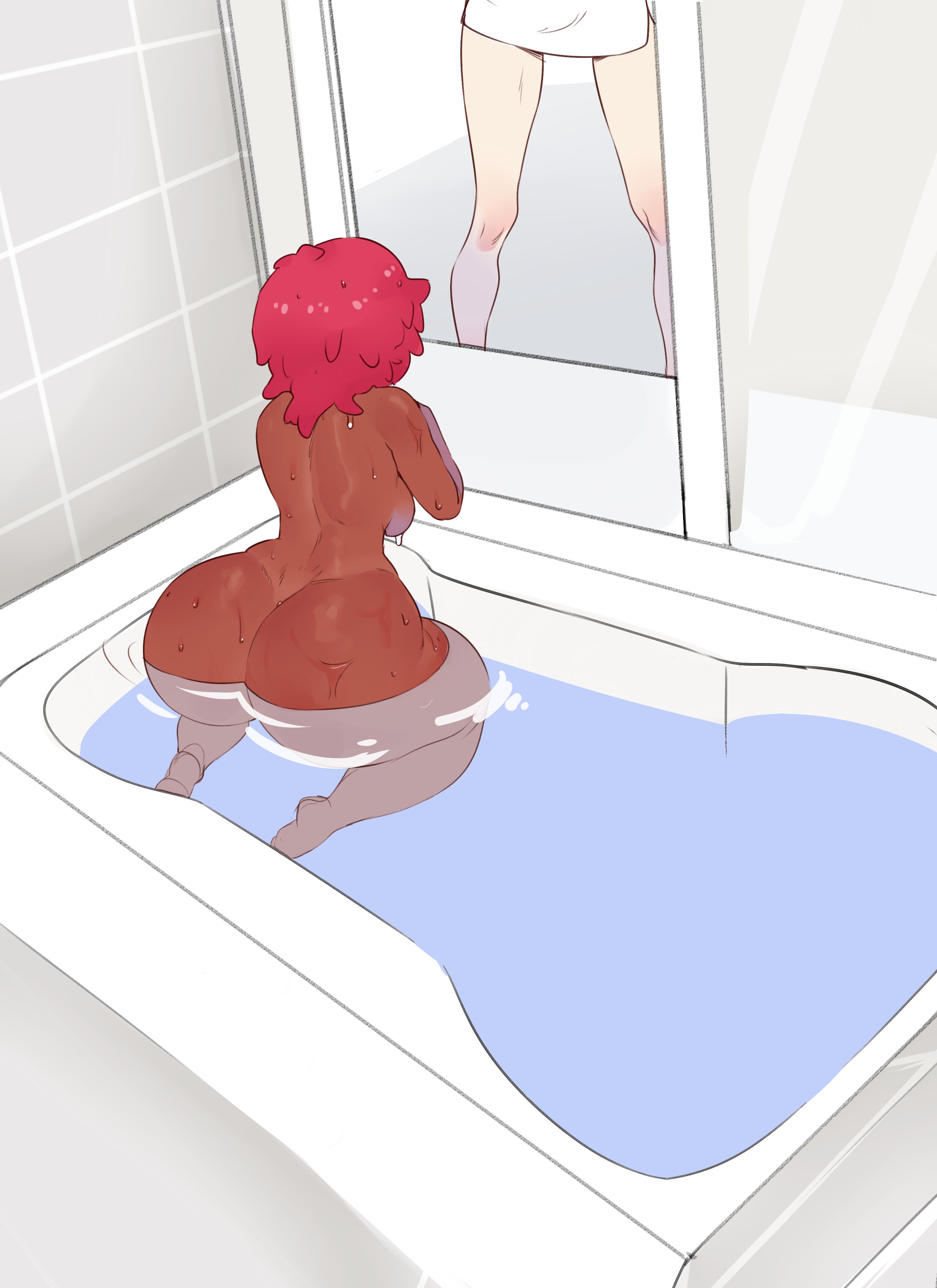 1boy, 1girls, ass, bathroom, bathtub, big ass, breasts, comic, crystal (inoiiying), female, hi res, huge ass, illboxart, imminent sex, light skin, light-skinned male, male, medium breasts, nude, original, pink hair, short hair, sideboob, simple background, sweat, unseen male face, wide hips