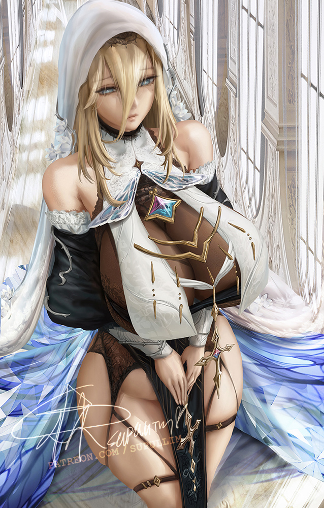 1girls, aponia, bare shoulders, blonde hair, blue eyes, breasts, cleavage, cross, dress, female, female only, honkai (series), honkai impact 3rd, indoors, large breasts, long hair, looking at viewer, mole, mole under eye, nun, pelvic curtain, solo, standing, supullim