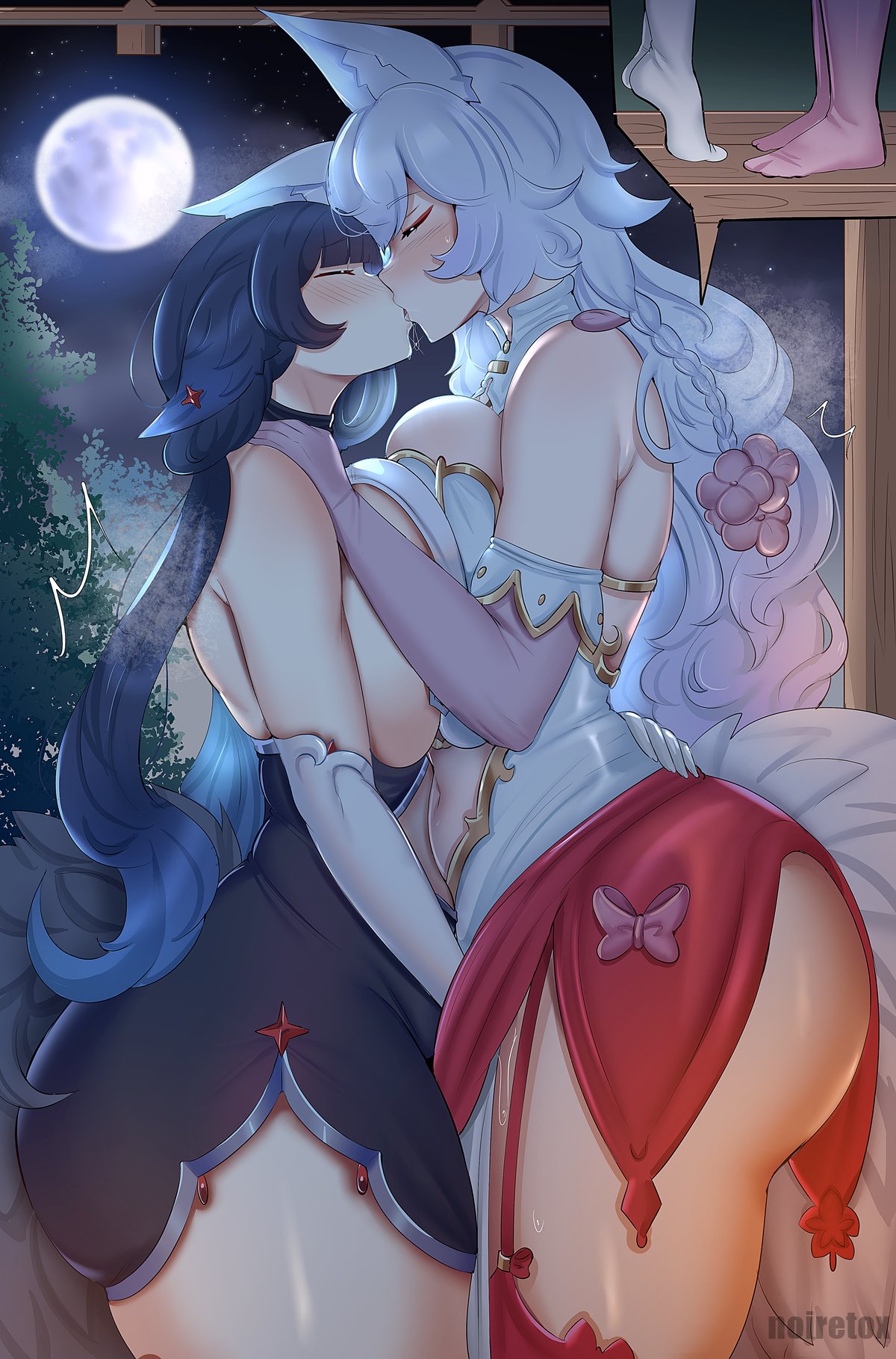 2girls animal_ears breasts_to_breasts female female/female female_only fox_ears fox_girl hair_ornament height_difference huge_ass huge_breasts kemonomimi kissing moon noiretox revealing_clothes side_view size_difference wholesome yuri