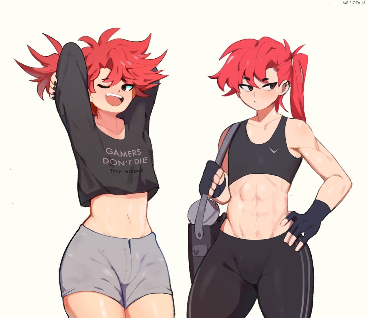 2boys abs brothers brown_eyes crop_top femboy ichiro_yamazaki itsuki_yamazaki leggings long_sleeves male male_only ms_pigtails multiple_boys navel original ponytail red_hair short_hair shorts sky_guy skyguyart thighs toned toned_male twins winking workout_clothes