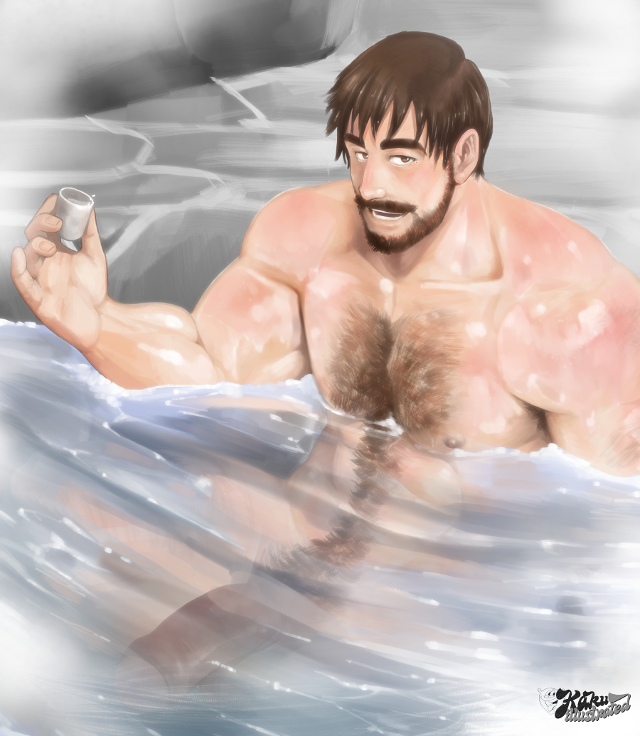 1boy bara beard brown_hair completely_nude cup facial_hair flaccid full_beard girthy_penis hairy holding holding_cup kaku_(kakuillustrate) large_pectorals looking_at_viewer male_focus mature_male moustache muscular muscular_male musical_note nipples nude onsen original partially_submerged pectorals penis quarter_note seductive_smile short_hair smile sole_male solo thick_chest_hair thick_eyebrows thick_mustache thick_navel_hair tsurime wet wet_hair