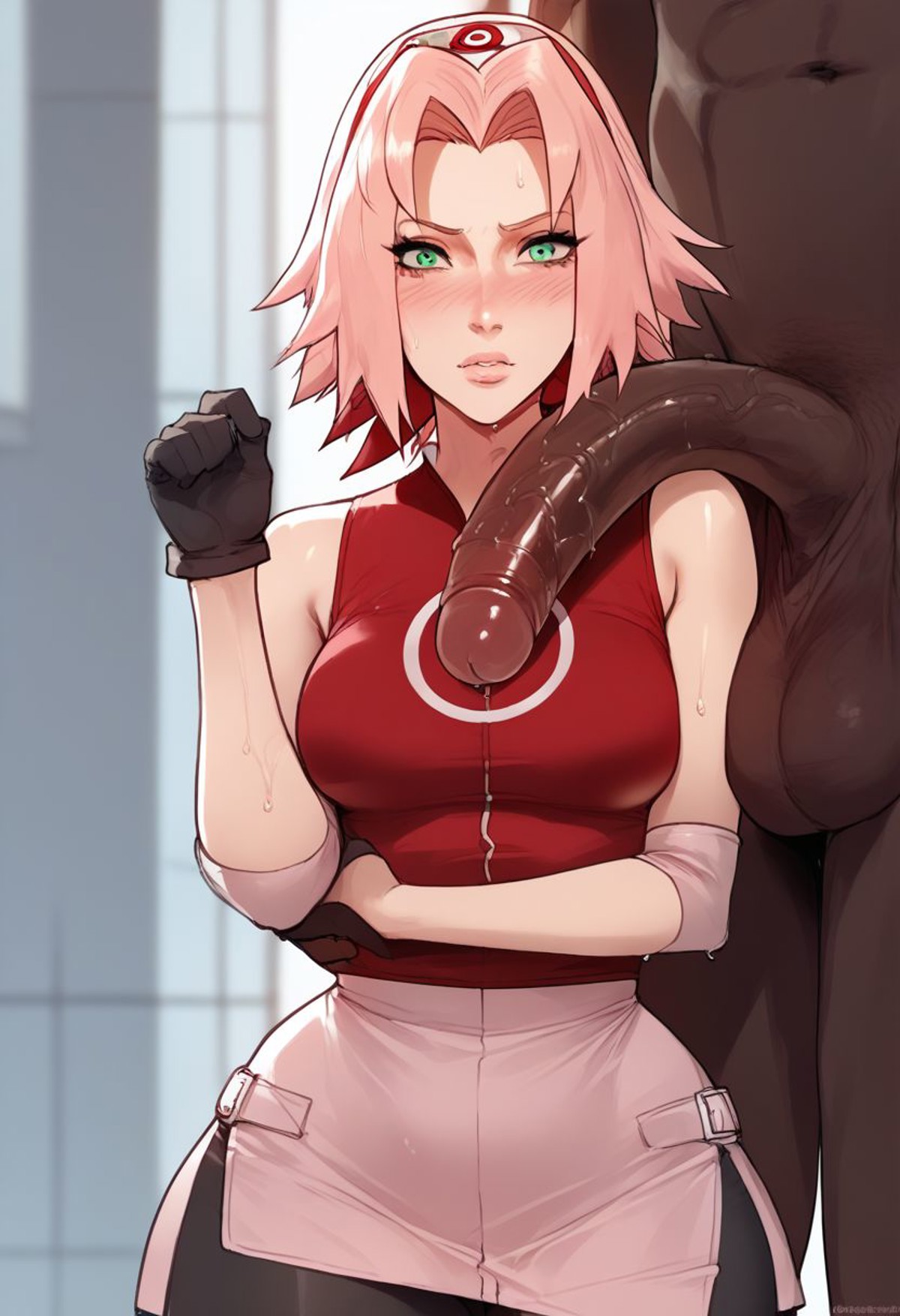 1boy, 1girls, ai generated, big penis, dark skin, dark-skinned male, female, human, interracial, looking at penis, male, naruto, naruto (series), naruto shippuden, penis, sakura haruno, tagme, ugly bastard