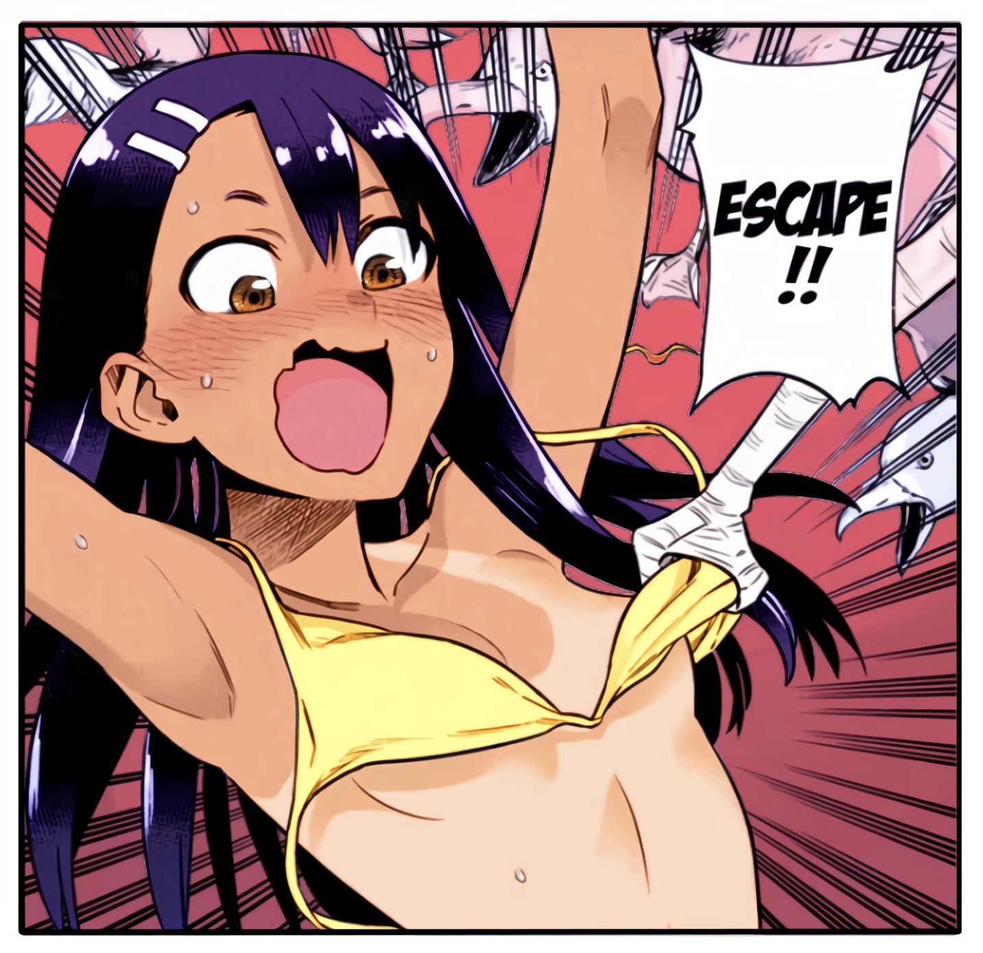 1girls, 774 (nanashi), assisted exposure, bikini, bird, black hair, blush, breasts, brown eyes, clothed, clothing, colored, earrings, edit, eipten, english text, female, female focus, female only, hayase nagatoro, hi res, long hair, looking at viewer, official art, open mouth, please don't bully me, nagatoro, pose, revealing clothes, simple background, small breasts, smile, solo, tan, tanline, tanned, text, wardrobe malfunction