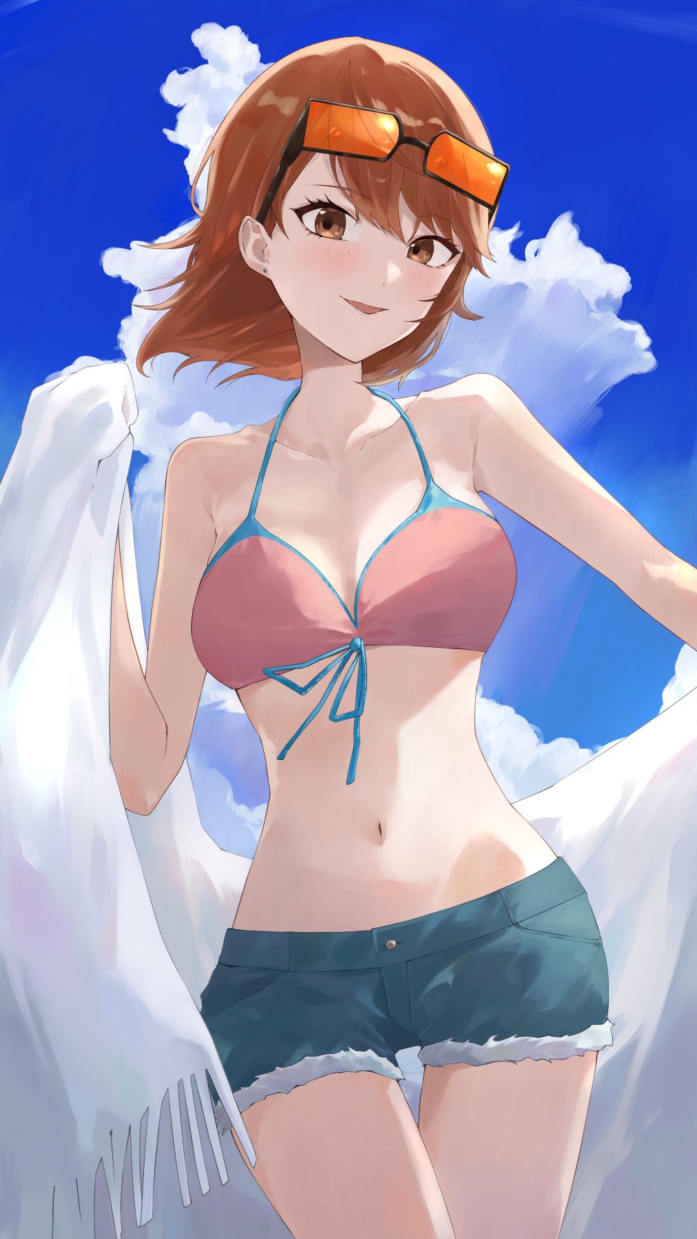 atlus, breasts, female, female only, konchi, looking at viewer, persona, persona 3, solo, sunglasses, sunglasses on head, swimsuit, yukari takeba