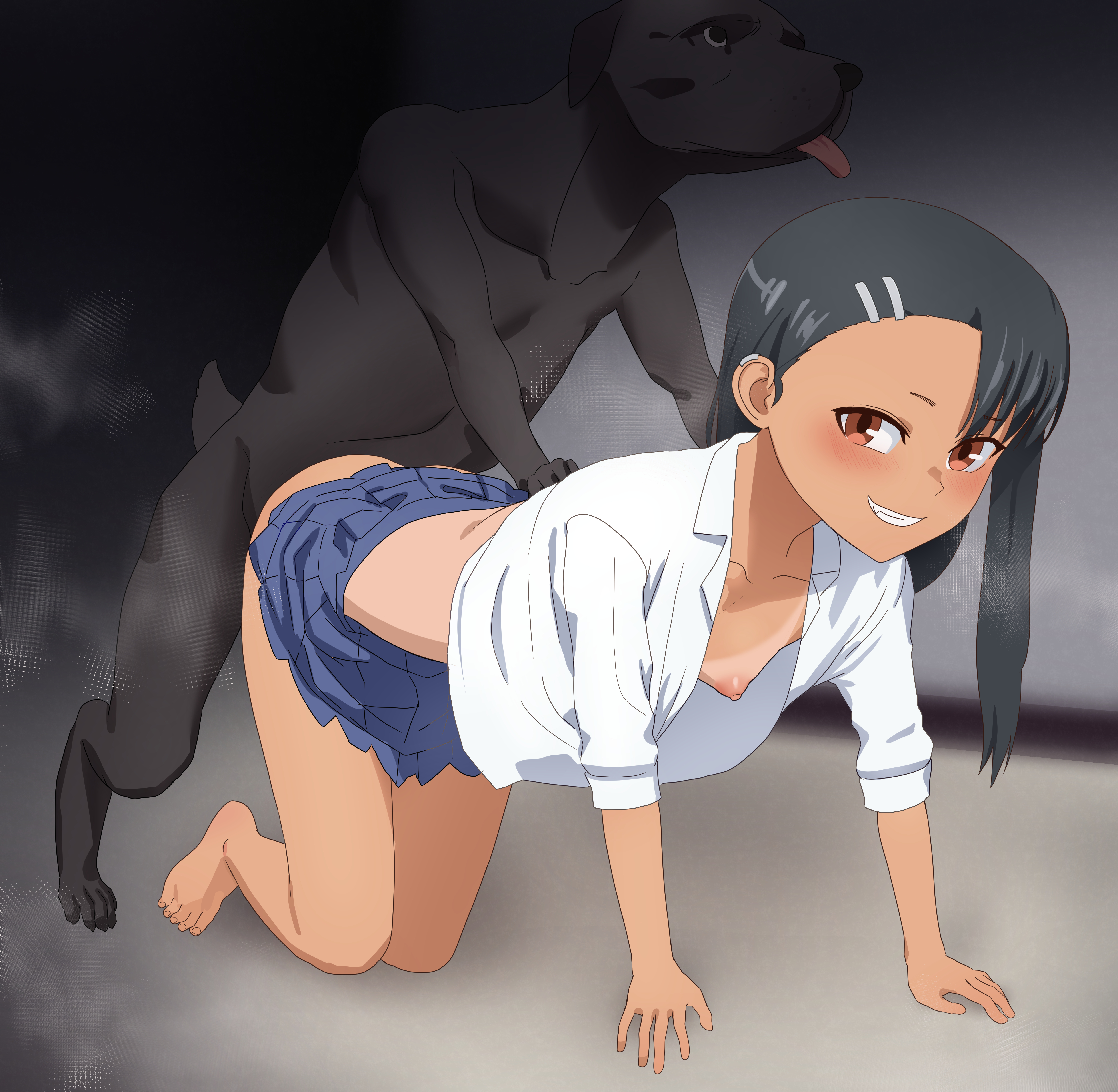 1animal, 1girls, all fours, black hair, blush, breasts, brown eyes, captainntr, clothed, clothing, dog, erection, female, female human/male feral, female on feral, feral, hayase nagatoro, long hair, male, nipples, open mouth, penis, please don't bully me, nagatoro, pussy, revealing clothes, small breasts, smile, tongue, vaginal penetration, zoophilia