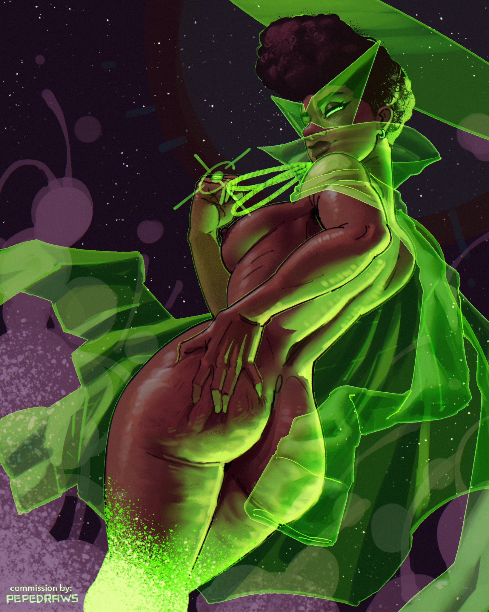 1girls, 2025, 2d, 2d (artwork), ability indecency, abstract background, absurd res, african american, american, american female, artist name, ass, big ass, big breasts, black hair, breasts, casual, commission, dark skin, dark-skinned female, dc, dc comics, earrings, energy, female, female focus, female only, functionally nude, functionally nude female, glasses, glowing eyes, green eyes, green glasses, green lantern, green lantern (series), green lantern construct, green lantern corps, green lantern ring, groping own ass, hard light construct, hi res, human, looking at viewer, looking back, naked, nipples, nonsexual, nonsexual nudity, nude, nude female, pepedraws, pinup, power ring, realistic proportions, see-through clothing, short hair, sideboob, sojourner mullein, solo, solo female, space, superheroine, superpowers