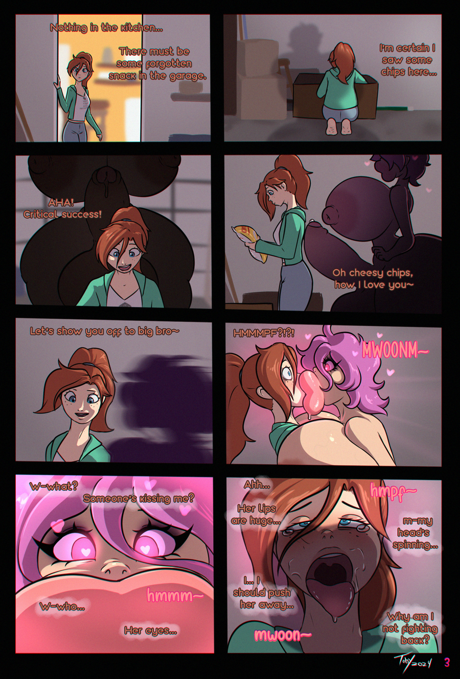 ass, balls, bimbo, bimbofication, blue eyes, breasts, comic page, corruption, futanari, heart-shaped pupils, huge ass, huge balls, huge breasts, huge butt, huge cock, huge lips, huge nipples, huge thighs, hyper, hyper lips, intersex, kissing, looking at partner, looking pleasured, night of the shambling bimbos, orange eyes, penis, pink eyes, size fetish, tagme, toby art, transformation, zombie like