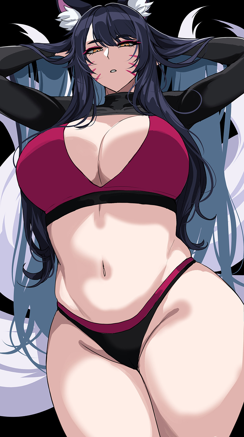 1girls, ahri, black hair, breasts, drogod (artist), female, fox ears, fox girl, higher resolution available, hips, huge breasts, kumiho, league of legends, light skin, light-skinned female, long hair, naughty face, riot games, smile, thick thighs, thighs, wide hips, yellow eyes