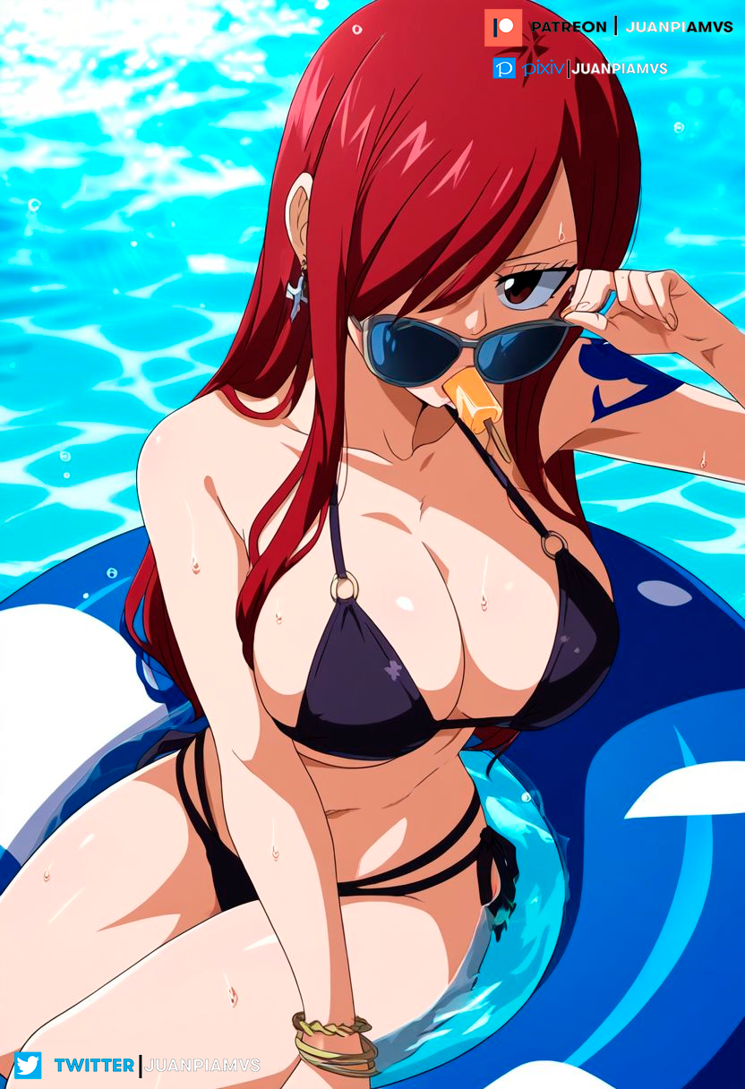 ai_generated bikini blonde_hair brown_eyes erza_scarlet fairy_tail float floating ice_cream juanpi_amvs long_hair looking_at_viewer patreon patreon_username sea sunglasses sunglasses_removed tattoo water watermark