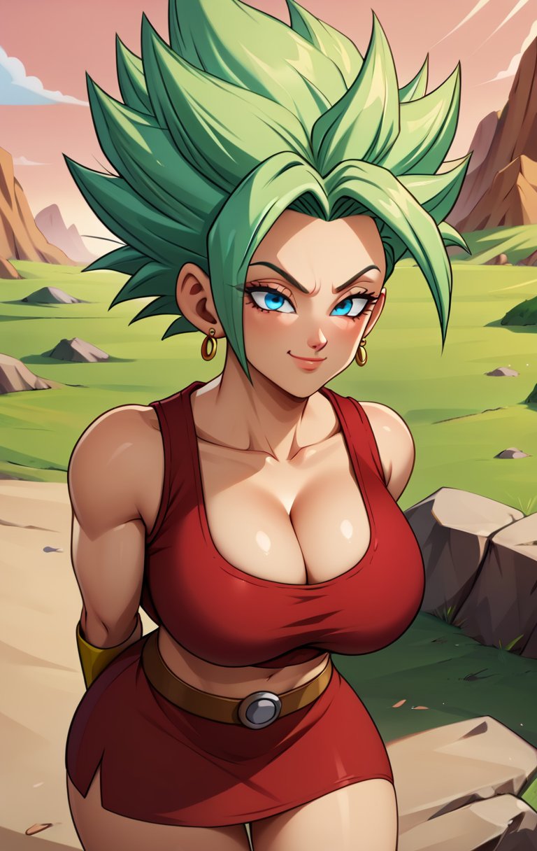 1girls, ai generated, artcalypse, big breasts, breasts, dragon ball, dragon ball super, female, female only, kale, smile, solo, tagme, thick thighs
