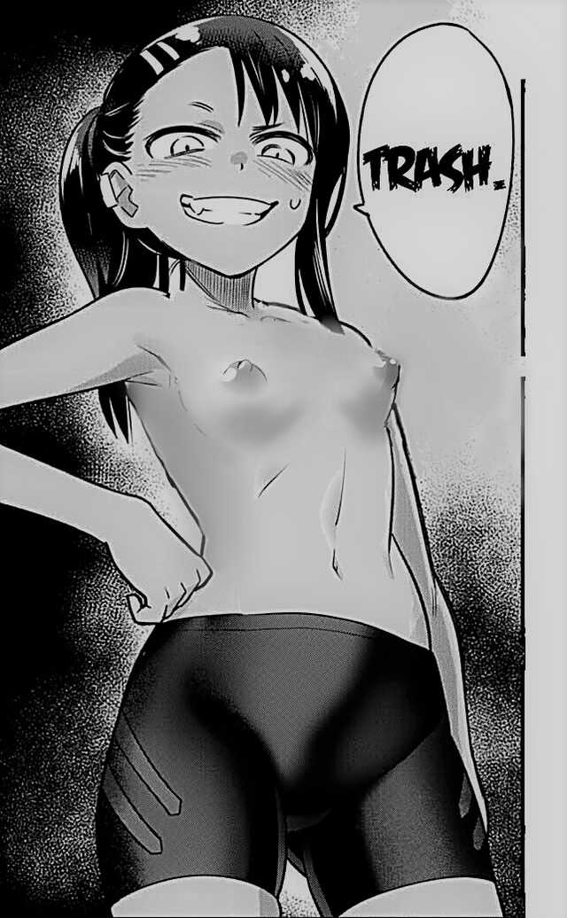 1girls, 774 (nanashi), areolae, black hair, blush, breasts, clothed, clothing, earrings, edit, english text, female, female focus, female only, hayase nagatoro, hi res, long hair, looking at viewer, monochrome, navel, nipples, please don't bully me, nagatoro, pose, revealing clothes, simple background, small breasts, smile, solo, tan, tanned, teenager, text, third-party edit, topless