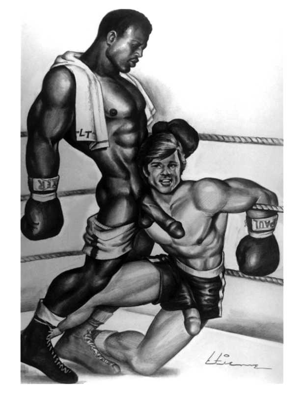 bondage boxing boxing_gloves boxing_ring dark-skinned_male erection etienne_(artist) fetish gay gay_domination gay_male hard_on homosexual horny interracial male males_only masculine masculine_male muscles muscular muscular_male penis stephen_(artist) very_dark_skin vintage