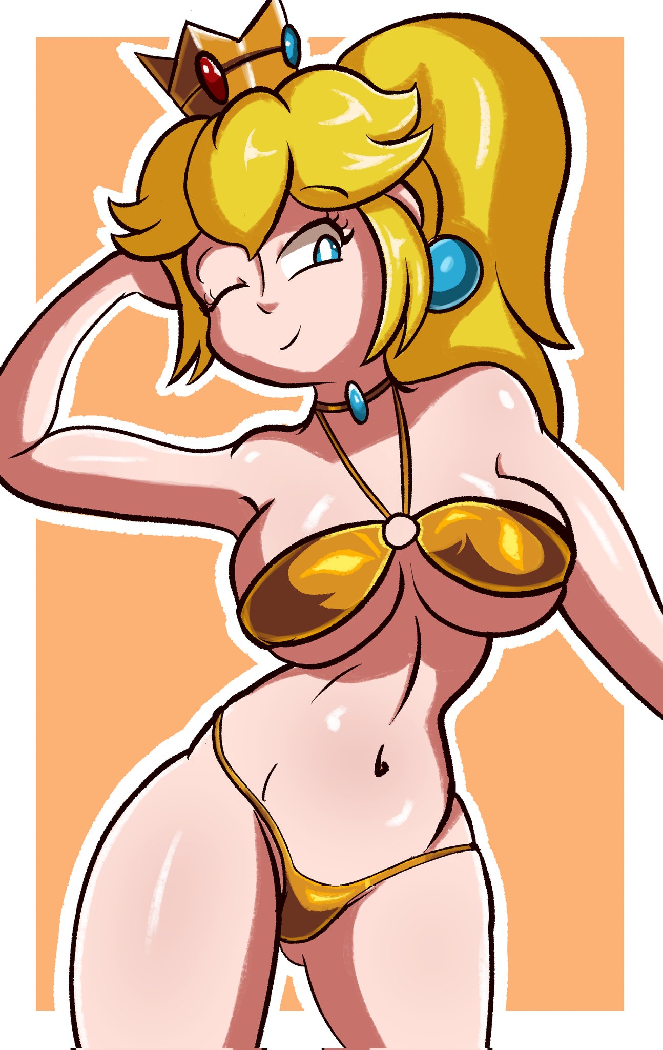 1girls arm_behind_head armpits big_breasts bikini blonde_hair blue_eyes breasts busty child_bearing_hips cleavage confident curvy female female_only gold_bikini golden_bikini hi_res large_breasts legs looking_at_viewer mario_(series) navel nintendo one_eye_closed ponytail pose posing princess_peach robveemo sensual solo swimsuit thick_thighs thighs wink