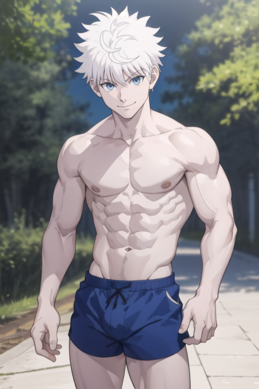 1boy abs ai_generated boys dvxxxgrai hunter_x_hunter killua_zoldyck looking_at_viewer male male_focus male_only muscular muscular_male outdoors pixai shirtless shirtless_(male) shorts smile tagme toned toned_male topless topless_male