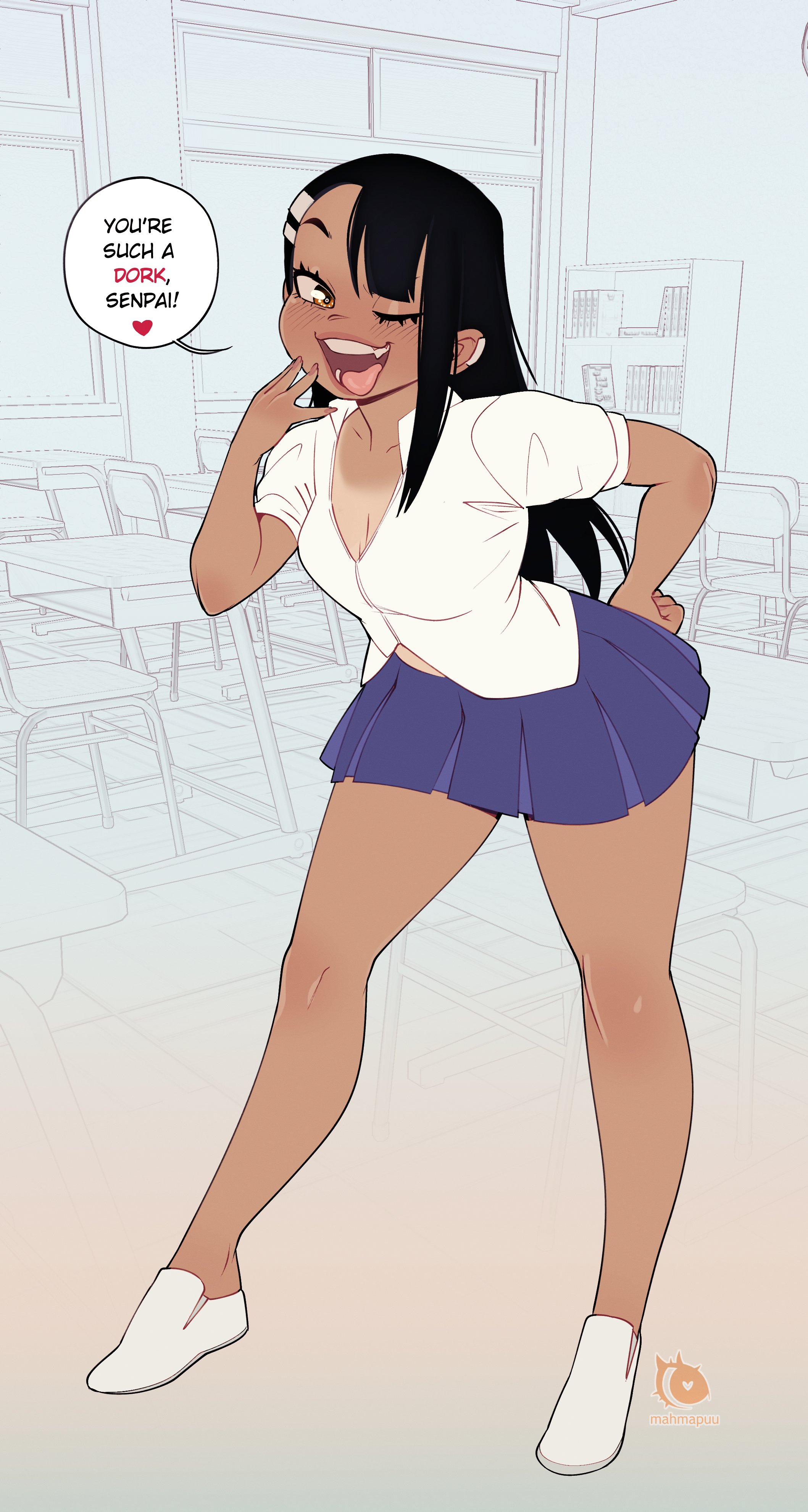1girls, black hair, blush, breasts, brown eyes, cleavage, clothed, clothing, earrings, english text, female, female focus, female only, hayase nagatoro, hi res, long hair, looking at viewer, mahmapuu, open mouth, please don't bully me, nagatoro, pose, revealing clothes, simple background, small breasts, smile, solo, tan, tanline, tanned, text, tongue, tongue out, watermark, wink