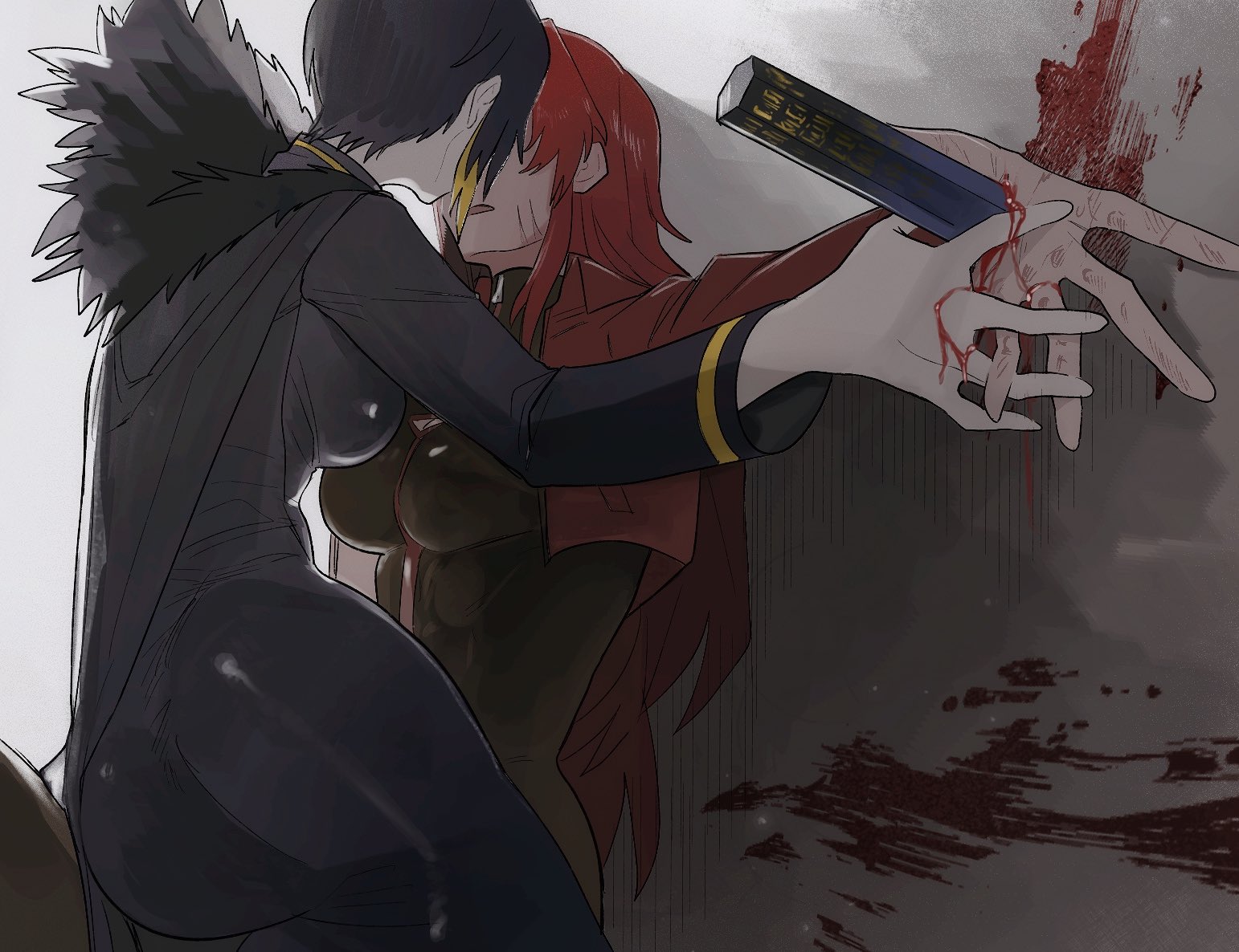 2girls, about to kiss, binah, blood, bodysuit, clothing, doomed yuri, female, forced yuri, gebura (lobotomy corporation), library of ruina, lobotomy corporation, necrophilia, pinned to wall, project moon, questionable consent, rape, shiny, tight clothing, yuri