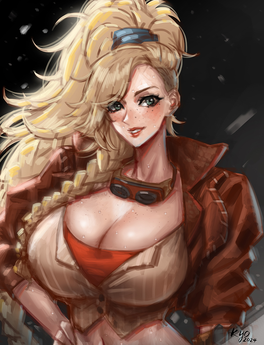 1girls big_breasts blonde_hair breasts busty cleavage curvaceous curvy curvy_body curvy_female curvy_figure female freckles gemma_(monster_hunter_wilds) huge_breasts kyopink large_breasts monster_hunter_wilds ponytail voluptuous