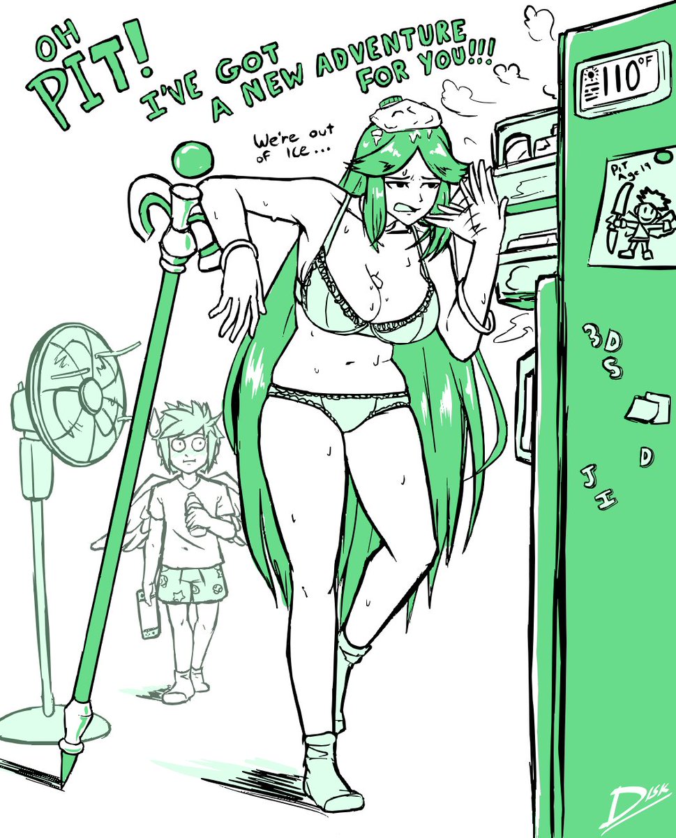 bra breasts diskette female green_hair kid_icarus male nintendo open_mouth palutena panties pit pit_(kid_icarus) sweat