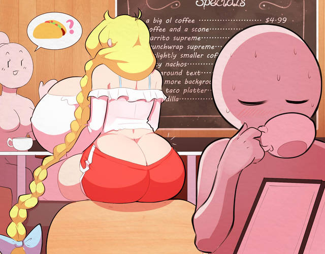 back_view barista cafe cassie_(theycallhimcake) hyper_breasts ordering_food theycallhimcake