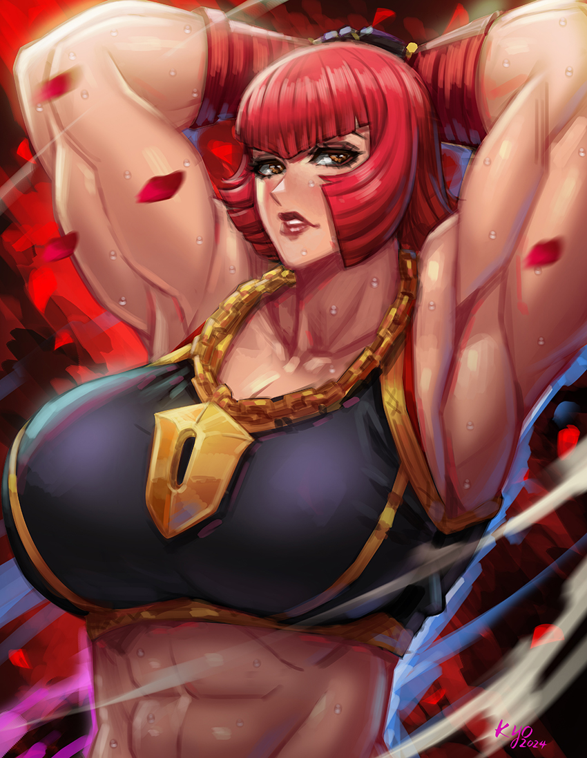 1girls abs arms_behind_head arms_up big_breasts breasts busty curvaceous curvy curvy_body curvy_female curvy_figure female female_only fully_clothed hands_behind_head huge_breasts kyopink large_breasts marisa_rossetti muscular muscular_arms muscular_female red_hair solo street_fighter street_fighter_6 voluptuous