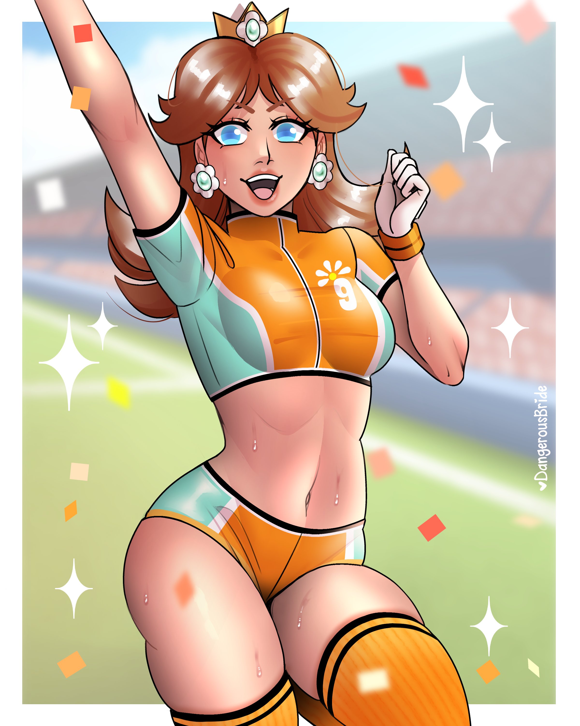 1girls, arm up, blue eyes, blurry background, bra, brown hair, crown, dangerousbride, earrings, female, female only, gloves, jpeg, long hair, looking at viewer, mario (series), mario strikers, nintendo, open mouth, orange clothing, orange shorts, orange thighhighs, princess daisy, smiling, smiling at viewer, soccer uniform, solo, sparkles, sportswear, stadium, sweat, thighhighs, very high resolution
