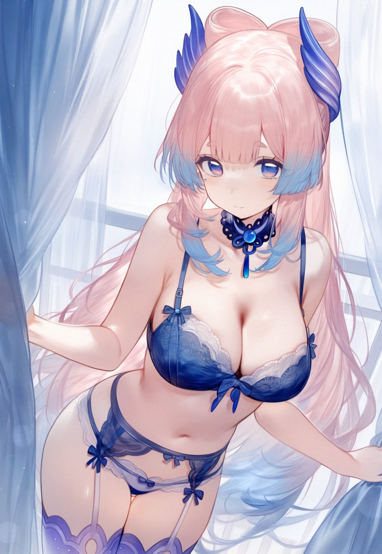 1girls, ai generated, alternate breast size, belly button, big breasts, blue bra, blue eyes, blue hair, blue lingerie, blue thighhighs, blue thong, breasts, curtains, female, female focus, female only, front view, genshin impact, high resolution, highres, hourglass figure, light skin, light-skinned female, lingerie, long hair, looking at viewer, navel, pink hair, sangonomiya kokomi, setsuaiart, simple background, slim female, solo, solo female, solo focus, standing, two-tone hair, very long hair, white background