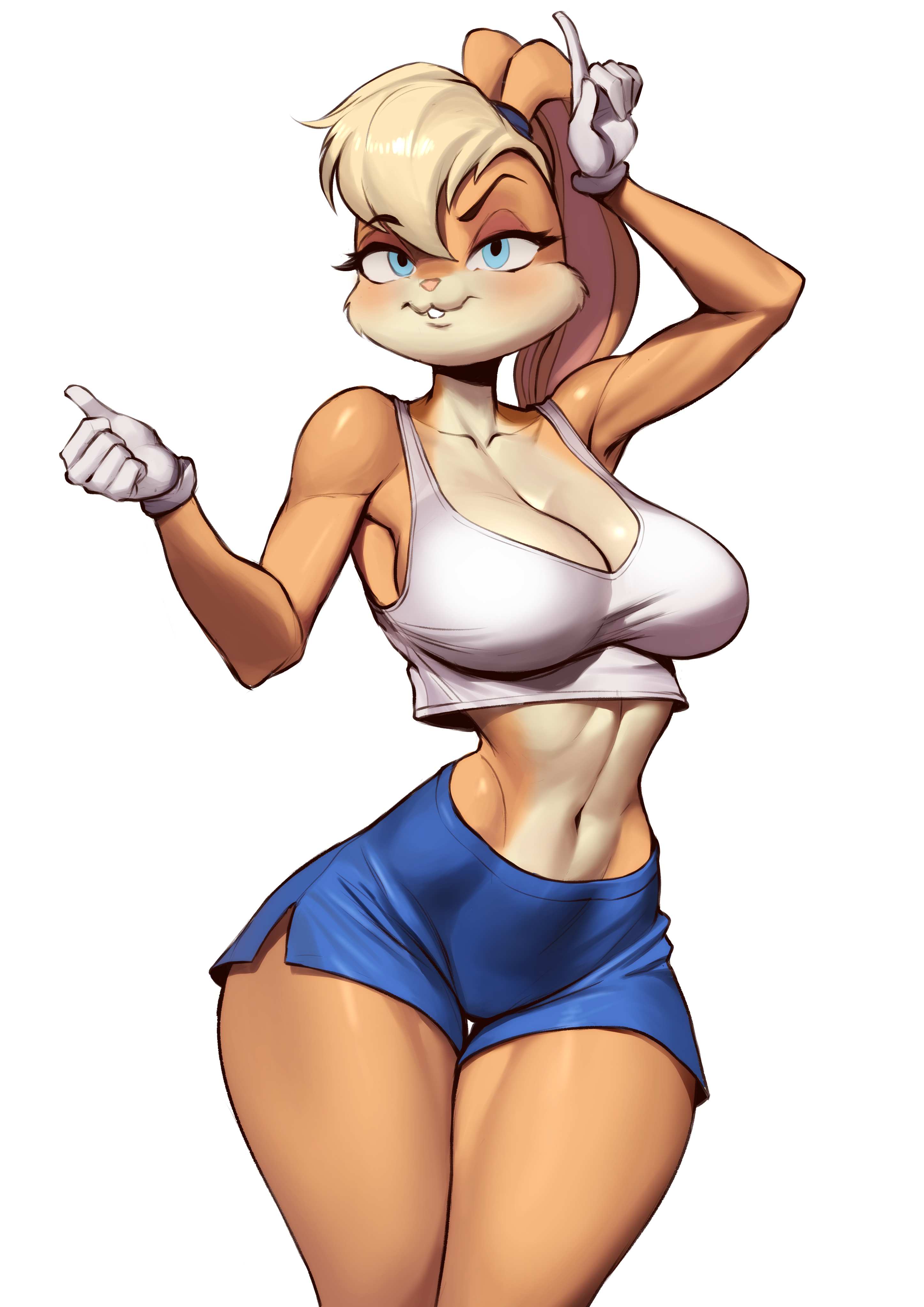 1girls, bare arms, bare legs, bare shoulders, bare thighs, big breasts, blonde hair, blue eyes, blush, breasts, bunny ears, bunny girl, chocolategamebu, clothed, clothing, color, female, female focus, female only, gloves, hi res, lola bunny, looking at viewer, looney tunes, short, short hair, solo, solo female, tagme, thick thighs, warner brothers