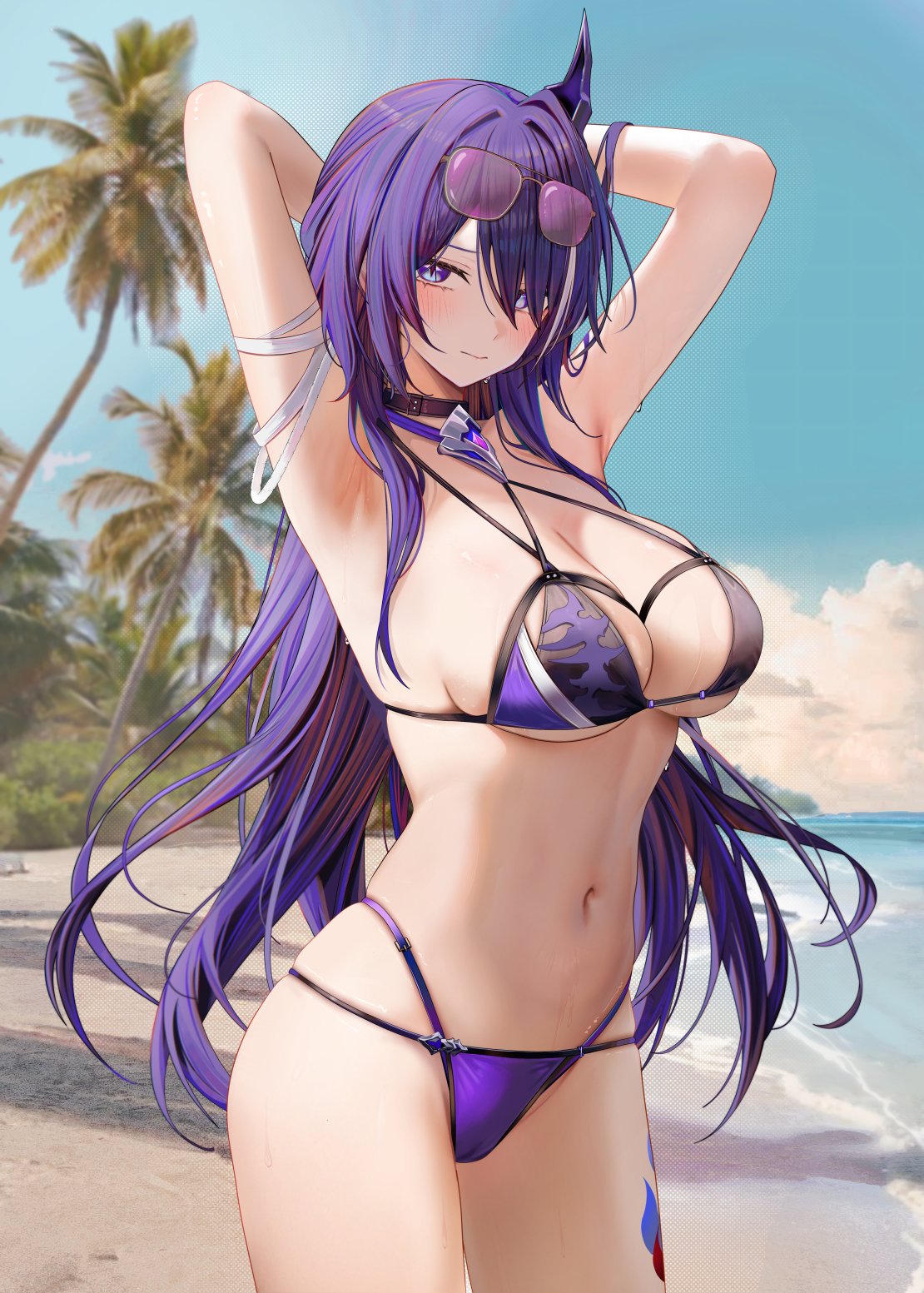 acheron (honkai: star rail), armpits, arms behind head, beach, bikini, blush, breasts, cameltoe, closed mouth, embarrassed, female, hair over one eye, honkai: star rail, looking to the side, medium breasts, purple hair, pussy, ru zhai, side view, swimsuit