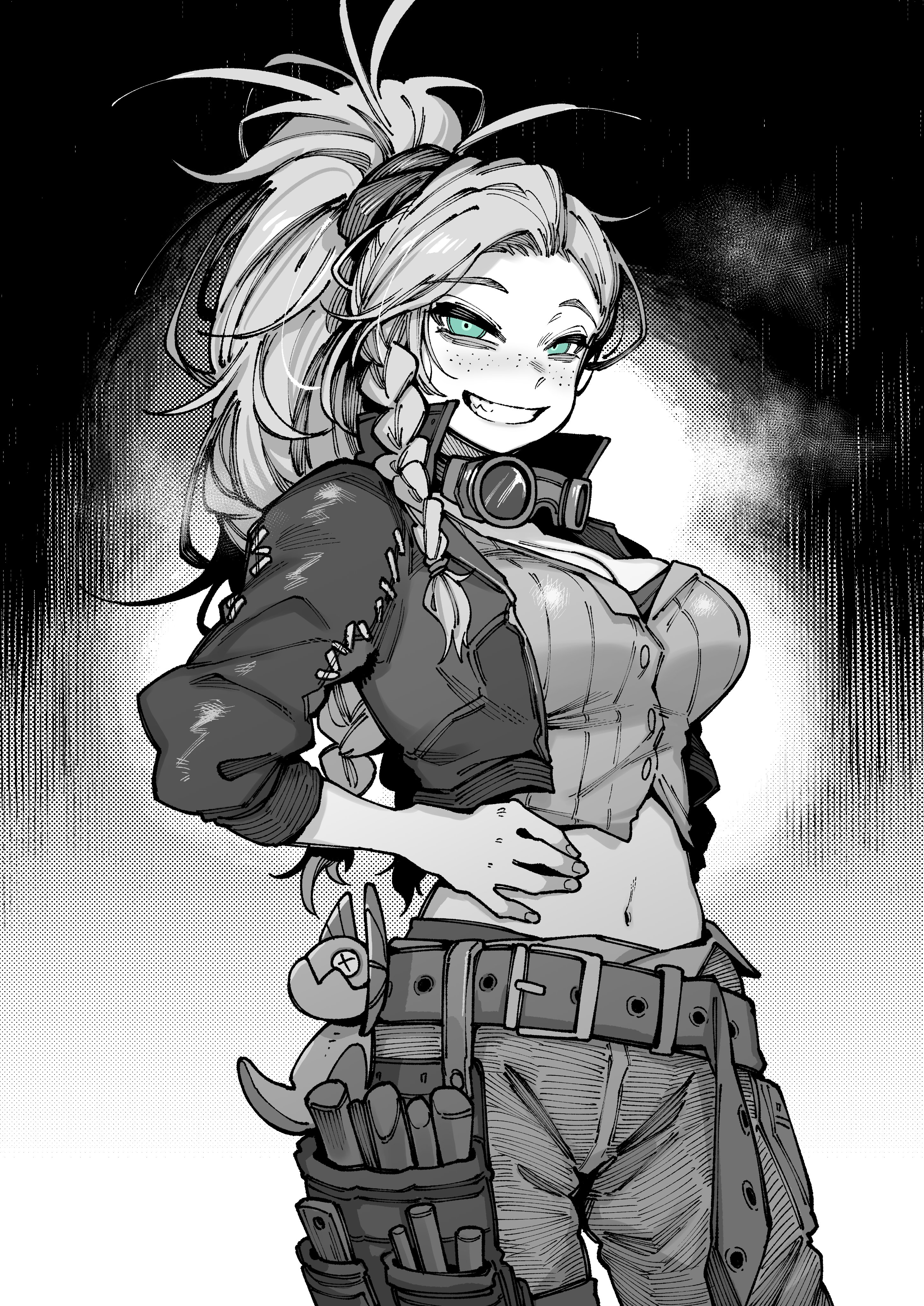 1girls, belt, big breasts, black and white, blue eyes, breasts, busty, capcom, clothed, clothing, colored eyes, crop top, curvaceous, curvy, curvy body, curvy female, curvy figure, dotted background, female, freckles, freckles on face, gemma (monster hunter wilds), goggles, goggles around neck, hand on hip, karasu chan, midriff, monster hunter, monster hunter wilds, smile, squint, teal eyes, very long hair