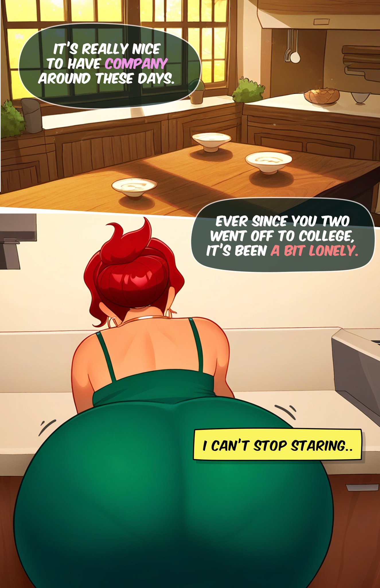 1girls, ai generated, ass, big ass, big breasts, big thighs, bottom heavy, breasts, bust, busty, chest, comic, curvaceous, curvy, curvy figure, dialogue, digital media (artwork), fat ass mommy, female, female focus, hips, hourglass figure, huge ass, huge breasts, human, large ass, large breasts, legs, light skin, light-skinned female, mature, mature female, milf, mommy, mother, original, original character, skinhorse, slim waist, speech bubble, story, thick, thick hips, thick legs, thick thighs, thighs, top heavy, voluptuous, waist, wide ass, wide hips, wide thighs