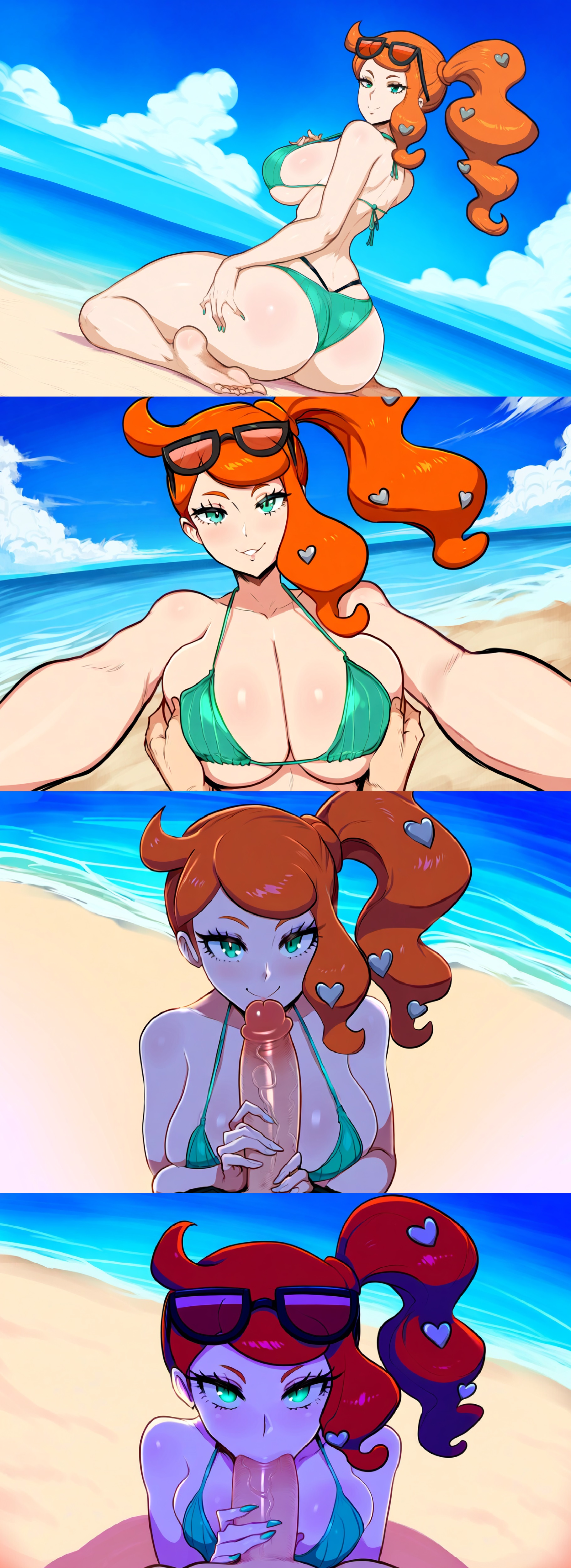 ai generated, ass, beach, big ass, big penis, bikini, breast grab, breasts, female, glasses, green eyes, large breasts, looking at viewer, male, mullon, novelai, orange hair, penis, pokemon, pokemon ss, ponytail, smile, sonia (pokemon), thick thighs, veiny penis, water