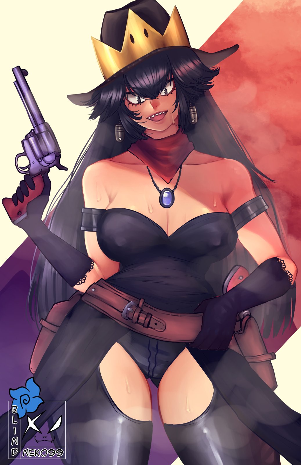 1girls 2024 black_eyes black_hair blindneko99 bullet_bill bullette_bill cowboy_hat cowgirl_outfit female female_only gun gun_belt hi_res humanized long_hair looking_at_viewer mario_(series) new_super_mario_bros._u_deluxe nintendo nipple_bulge open_mouth revolver rule_63 sharp_teeth slit_pupils smiling smiling_at_viewer solo super_crown thick_thighs