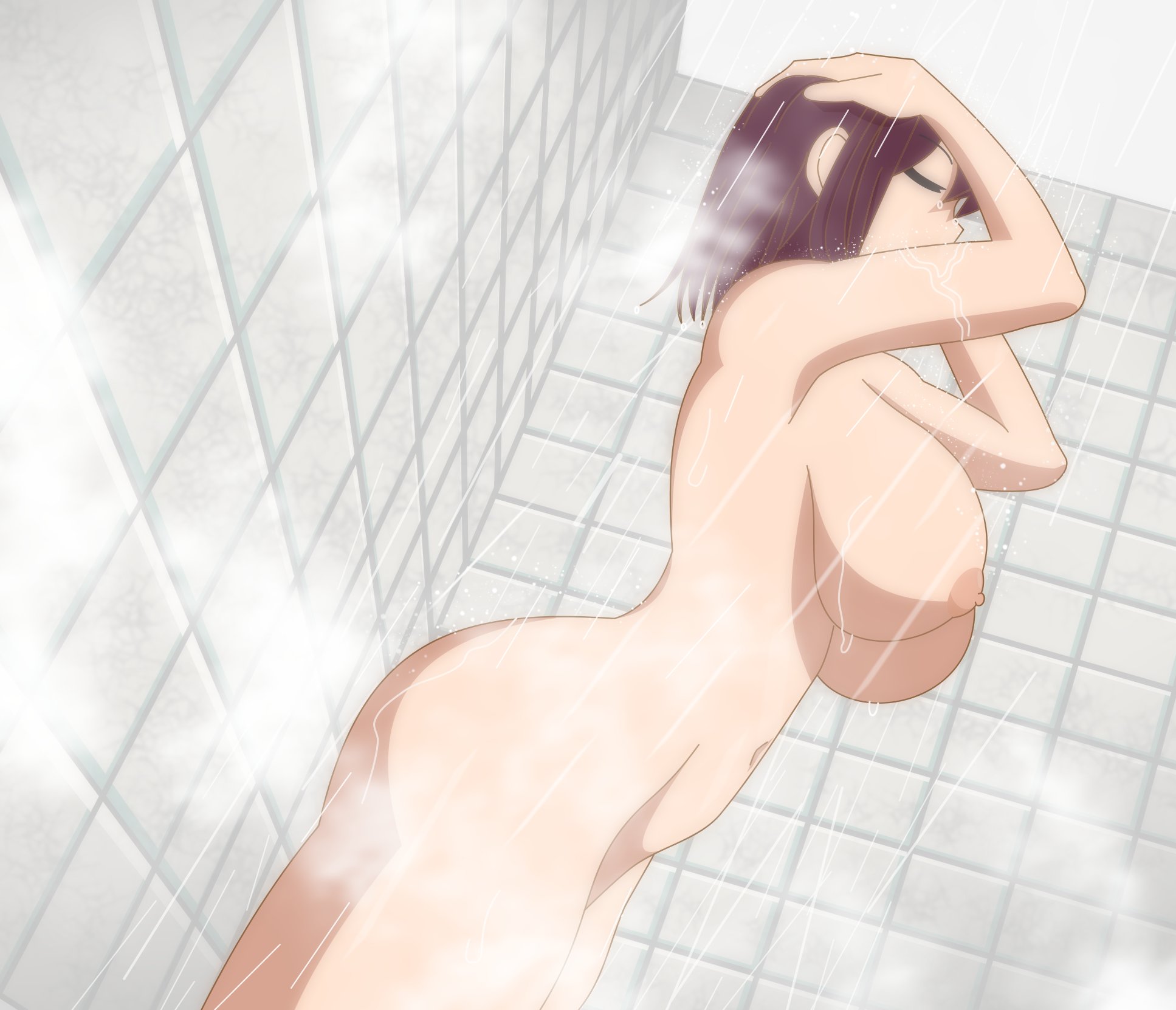 1girls, areolae, big breasts, breasts, cleavage, closed eyes, colored, curvy, female, female focus, female only, hi res, makux2767, medium hair, naked, naked female, navel, nipples, nude, nude female, please don't bully me, nagatoro, purple hair, shikki (nagatoro), shower, showering, simple background, solo, solo female, wide hips