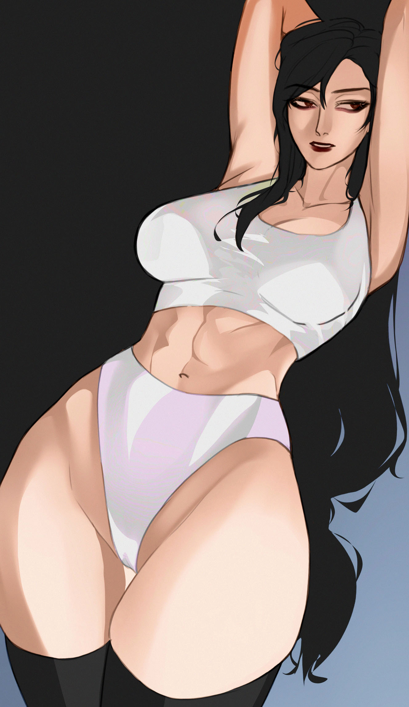 1girls, abs, black hair, final fantasy vii, final fantasy vii remake, in pand, red eyes, tifa lockhart
