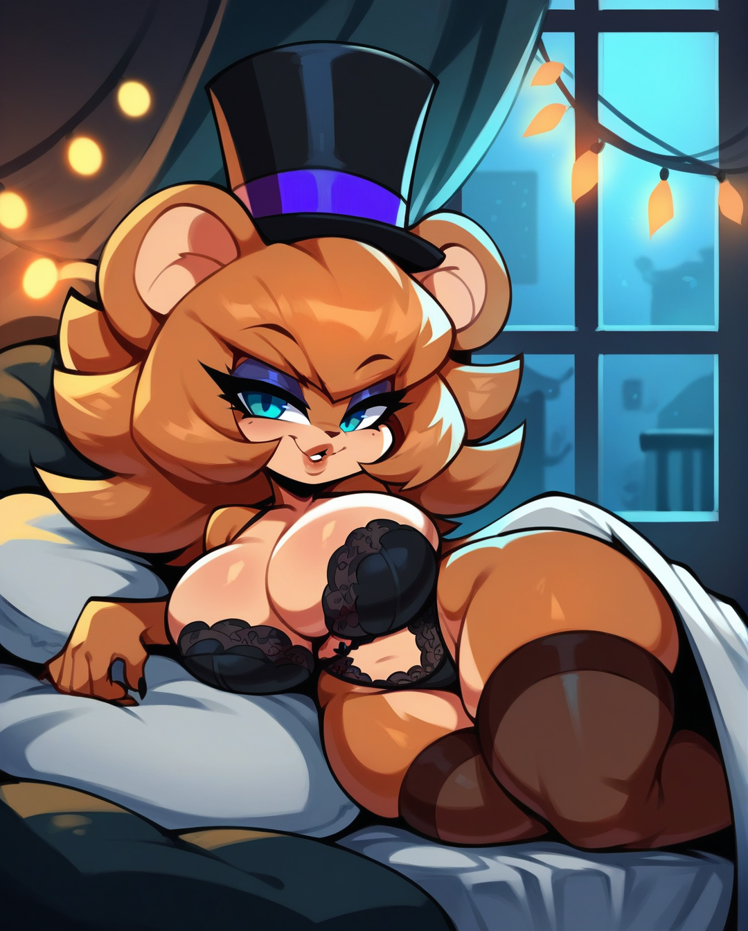 1girls, ai generated, anthro, anthro only, big breasts, blue eyes, breasts, brown fur, eyebrows visible through hair, fazclaire's nightclub, female, female only, five nights at freddy's, freddy (fnaf), fredina (cally3d), fredina's nightclub, frenni (cryptia), frenni fazclaire, furry, furry only, hat, lying, lying on side, rocksolidart, scottgames, solo, solo female, thick thighs, thighhighs, wide hips