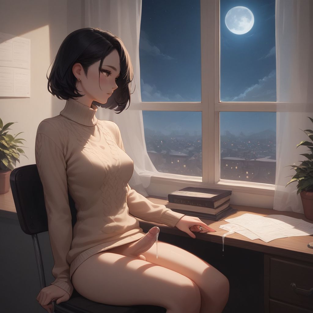 1futa, ai generated, book, bottomless, bottomless futa, chair, cum, cum dripping from penis, dark cultist, desk, dickgirl, erect penis, erection, futa only, futa sans pussy, futanari, indoors, intersex, long sleeves, medium hair, moon, no panties, parted lips, penis, self upload, sitting, sitting on chair, solo, solo futa, sweater, thighs, window