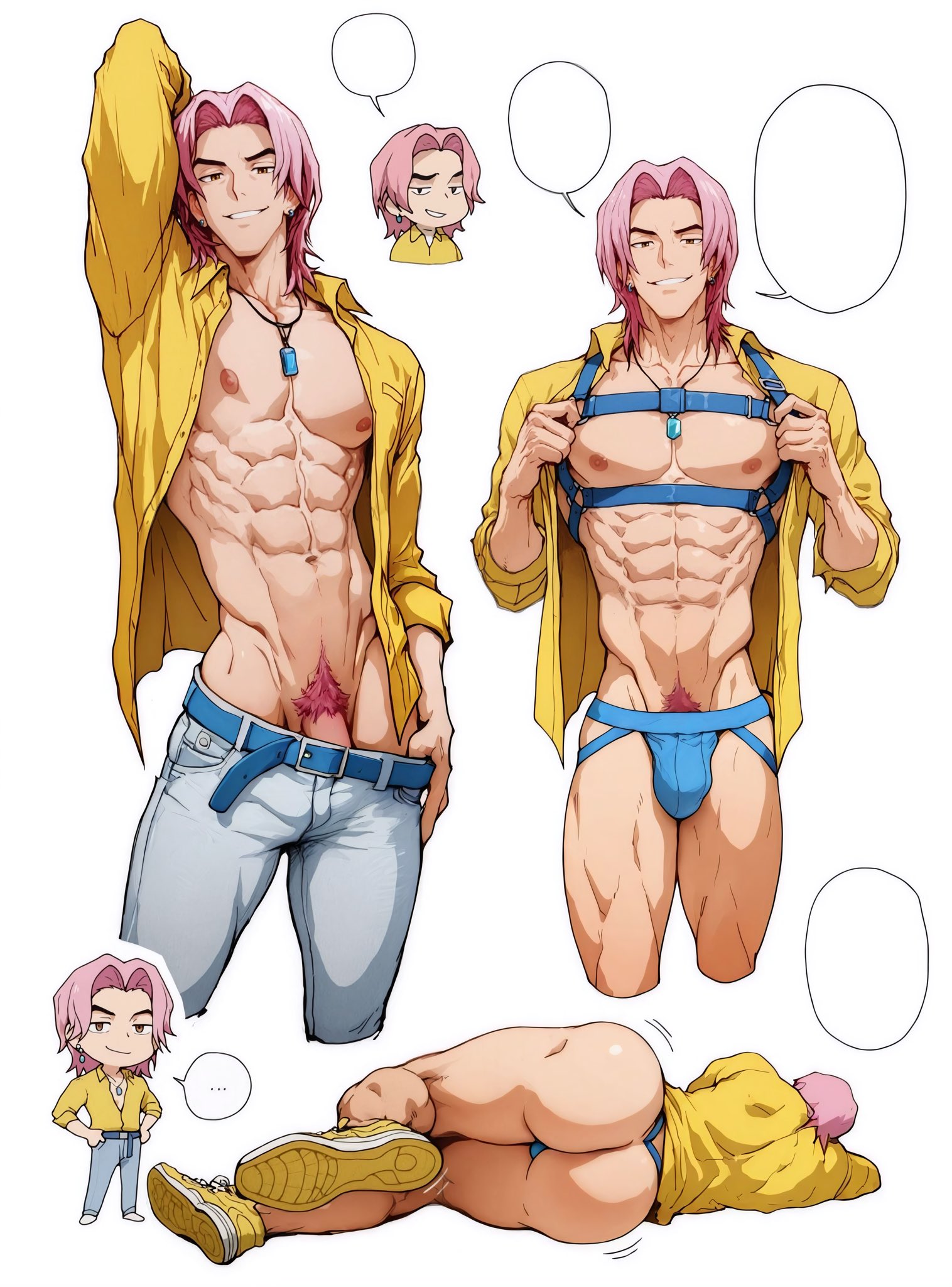 1boy, ai generated, ass, bara, big ass looover, bulge, chest harness, jockstrap, kpop demon hunters, male, male focus, male only, muscular, muscular male, pants, pubic hair, romance (kpop demon hunters), saja boys, shoes, simple background, solo, solo male, white background, yaoi